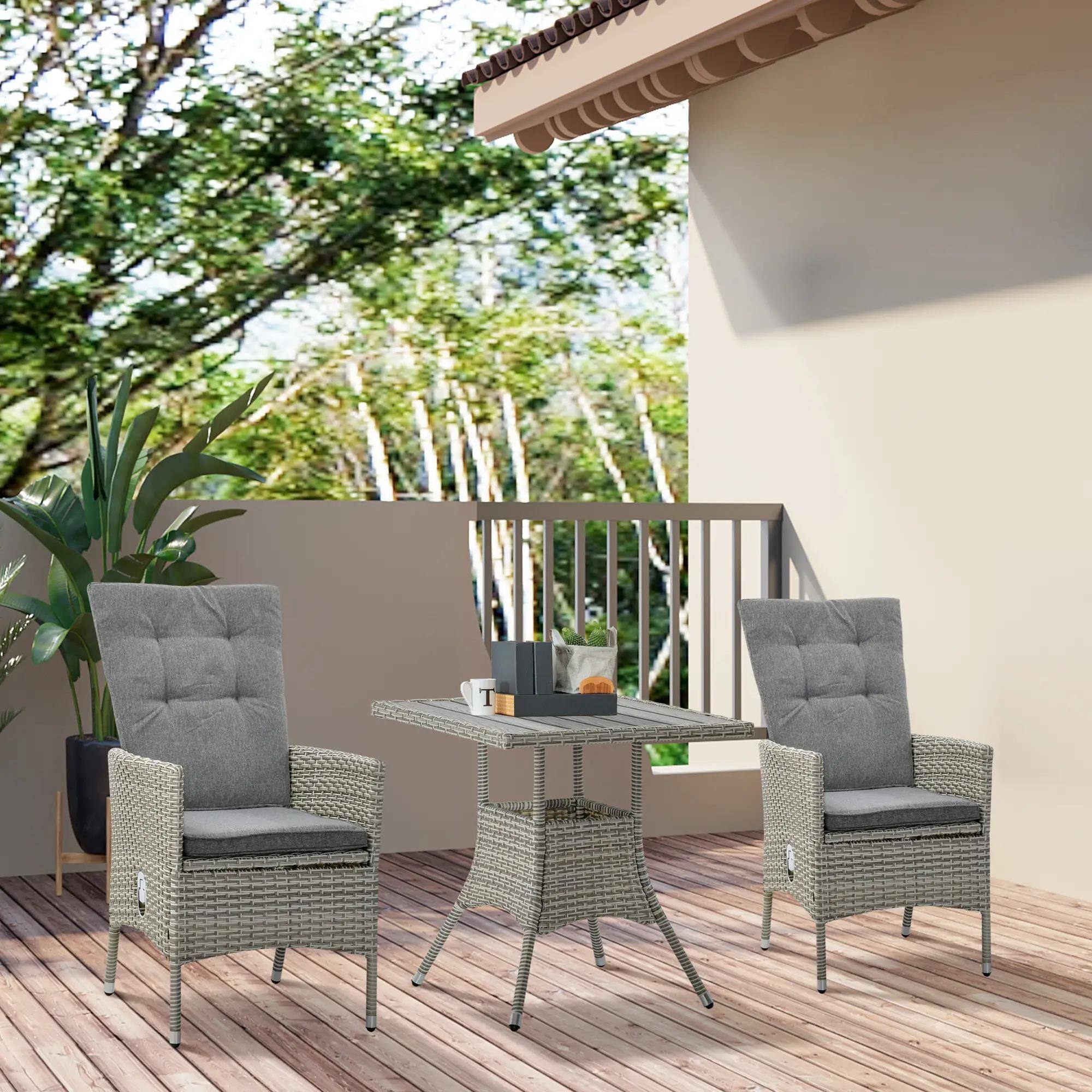 Left. Resenkos - Resenkos 3 Pieces Patio Bistro Set, Two Reclining Wicker Chairs And An Outdoor Coffee Table, PE Rattan, Gray - Gray.