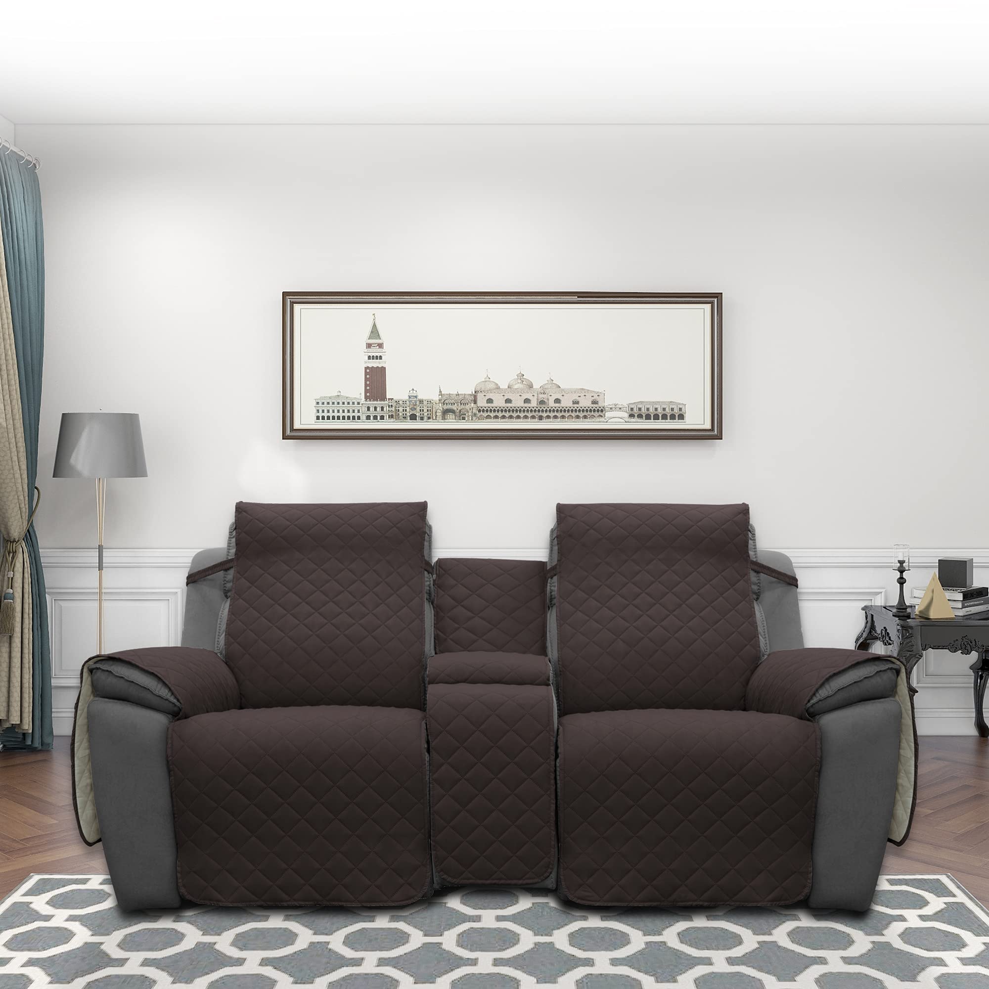 Left. Fabibe - Loveseat Recliner Cover with Console, Reversible Couch Cover for Living Room, Non-Slip, Washable Design - Gray/Light Gray Recliner Loveseat.