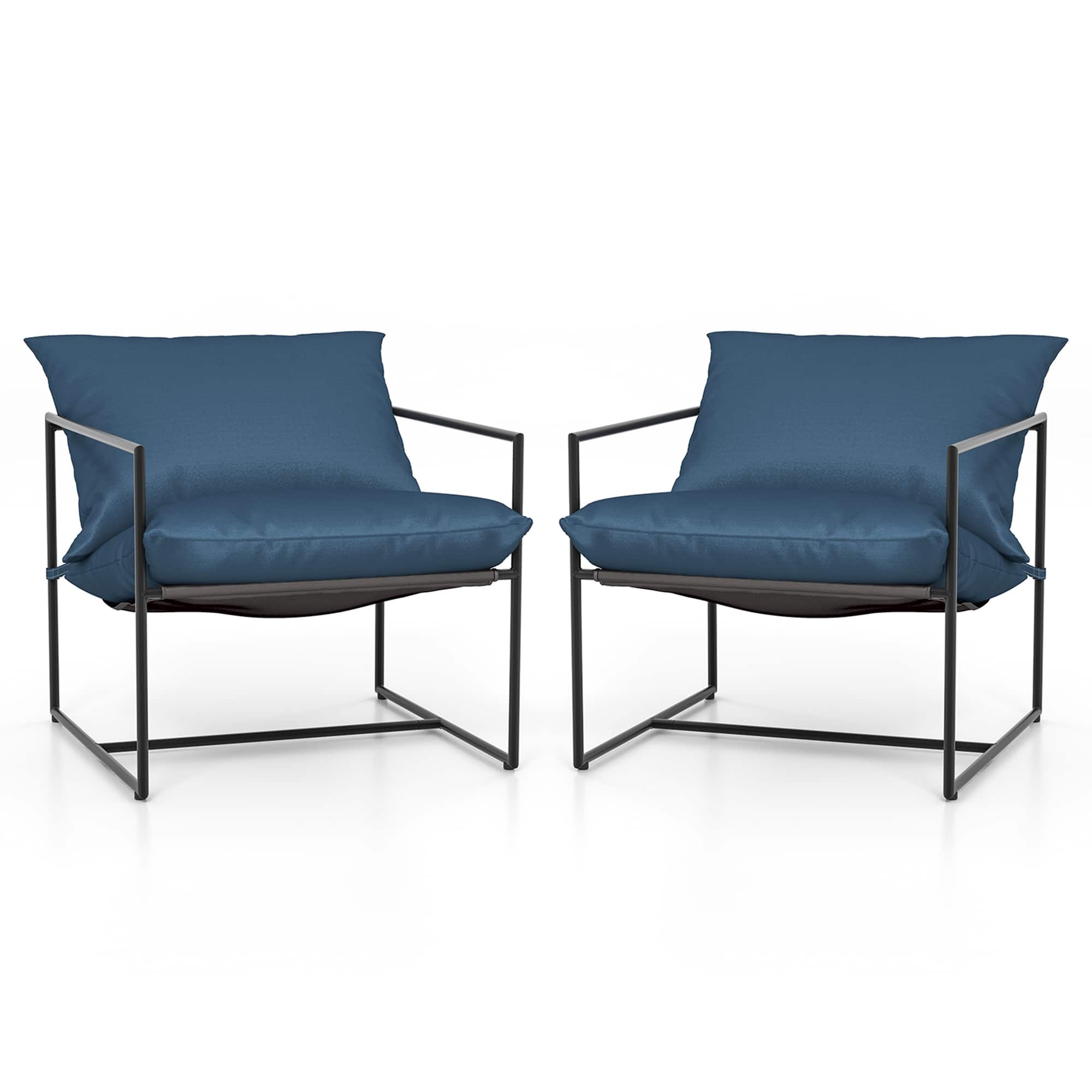 Gymax - Set of 2 Sling Accent Chair Indoor Outdoor Leisure Chair w/ Cushions - Navy