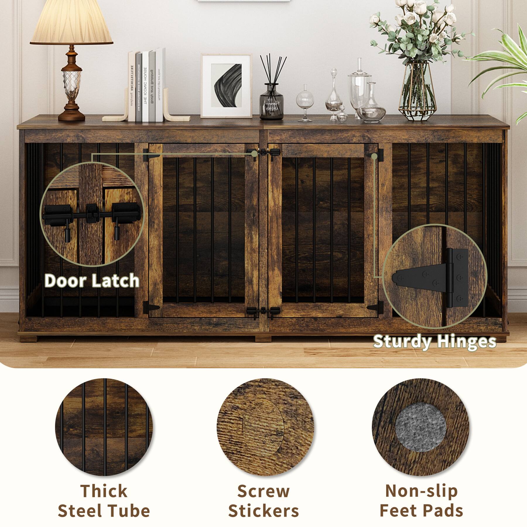 - Door Latch
- Sturdy Hinges
- Thick Steel Tube
- Screw Stickers
- Non-slip Feet Pads