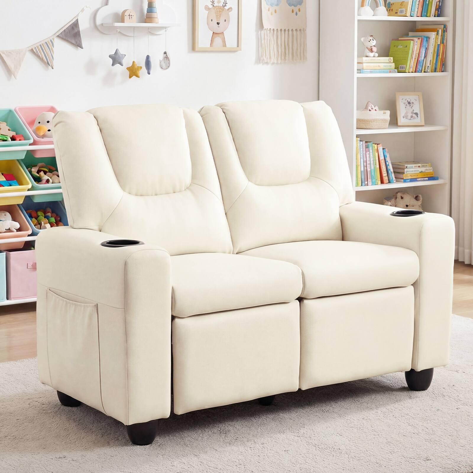 Alt View 1. Costway - Costway 2-Seater Kids Recliner with Cup Holders Side Storage Pockets Adjustable Backrest - Beige.