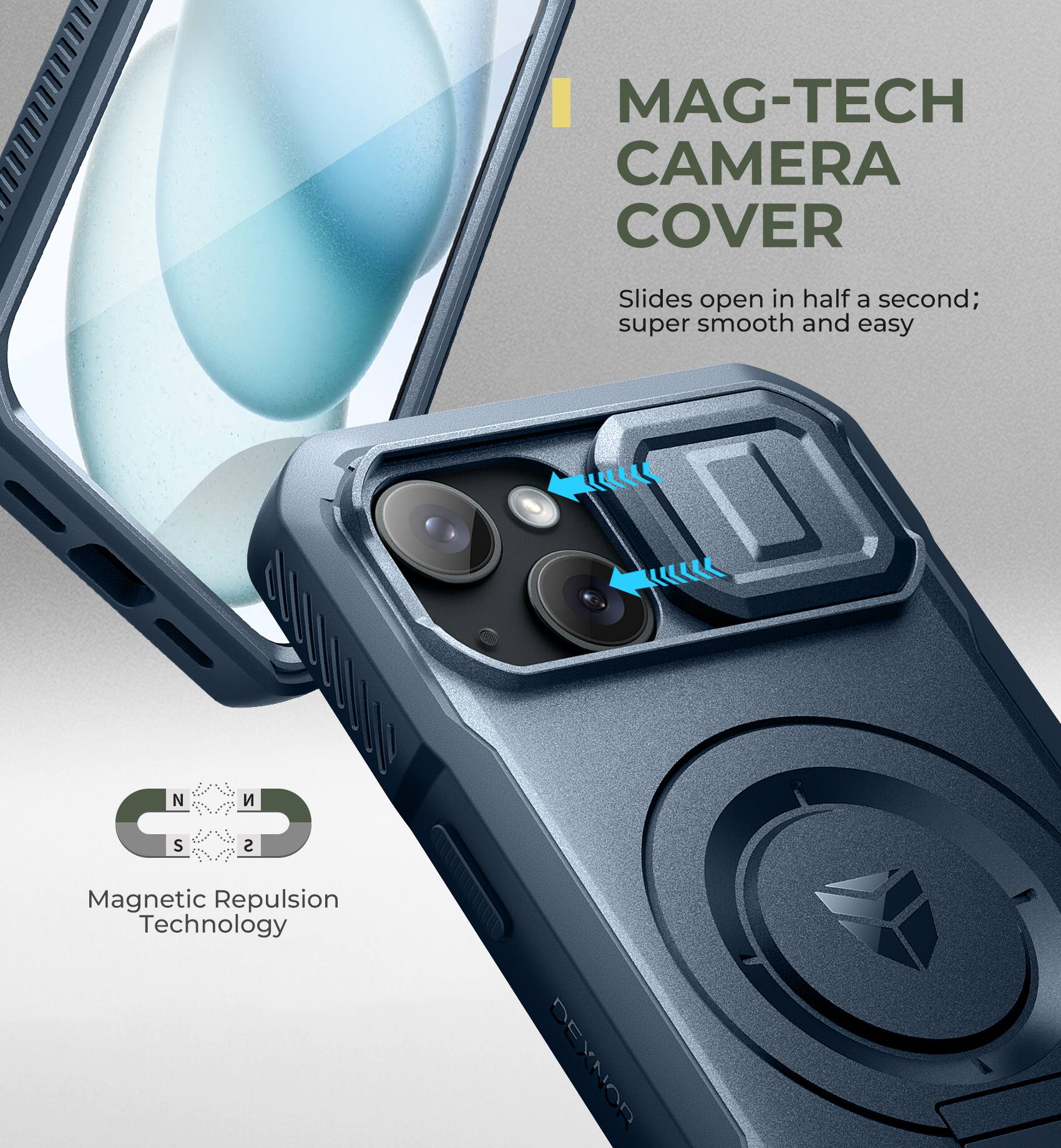 MAG-TECH CAMERA COVER Slides open in half a second; super smooth and easy

Magnetic Repulsion Technology

DEKNOR