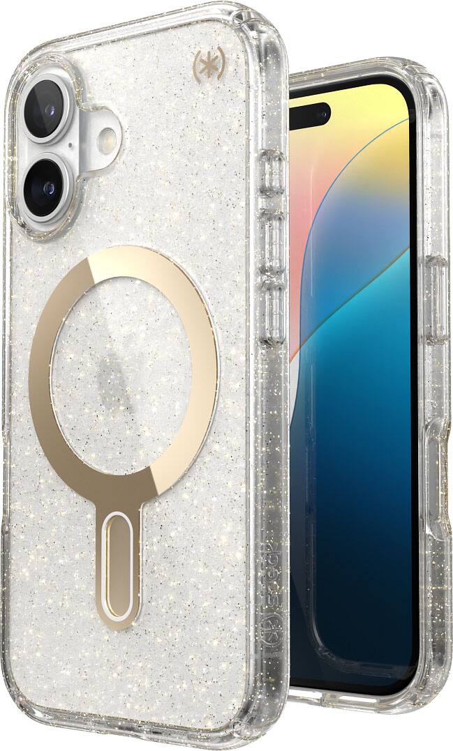 Back. Speck - Presidio Lux Case with MagSafe for Apple iPhone 16 - Clear/Gold Glitter.