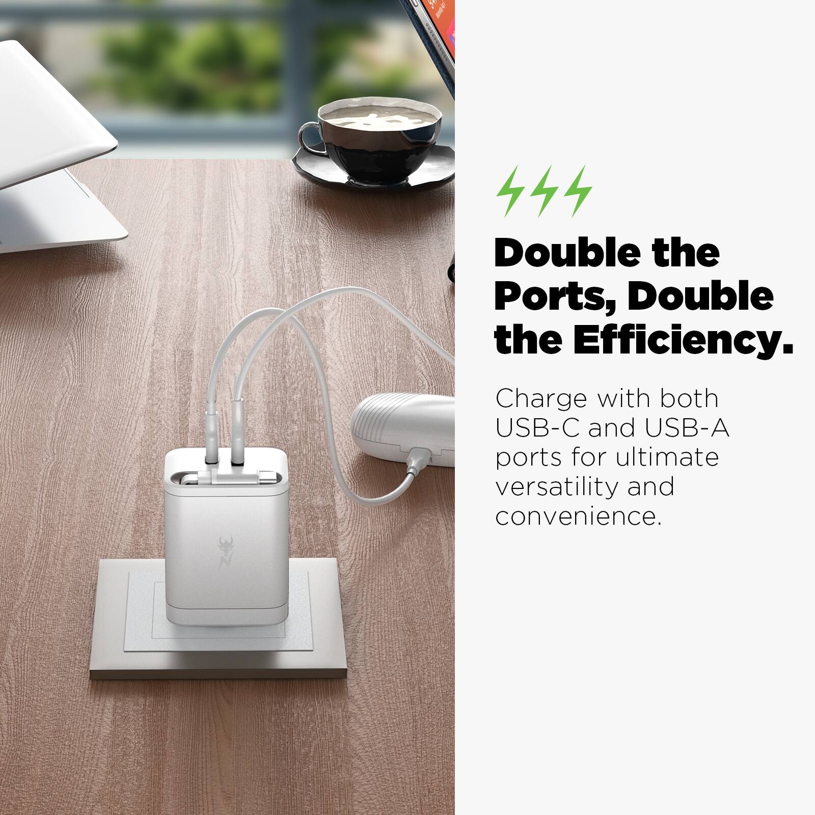 Double the Ports, Double the Efficiency.  
Charge with both USB-C and USB-A ports for ultimate versatility and convenience.