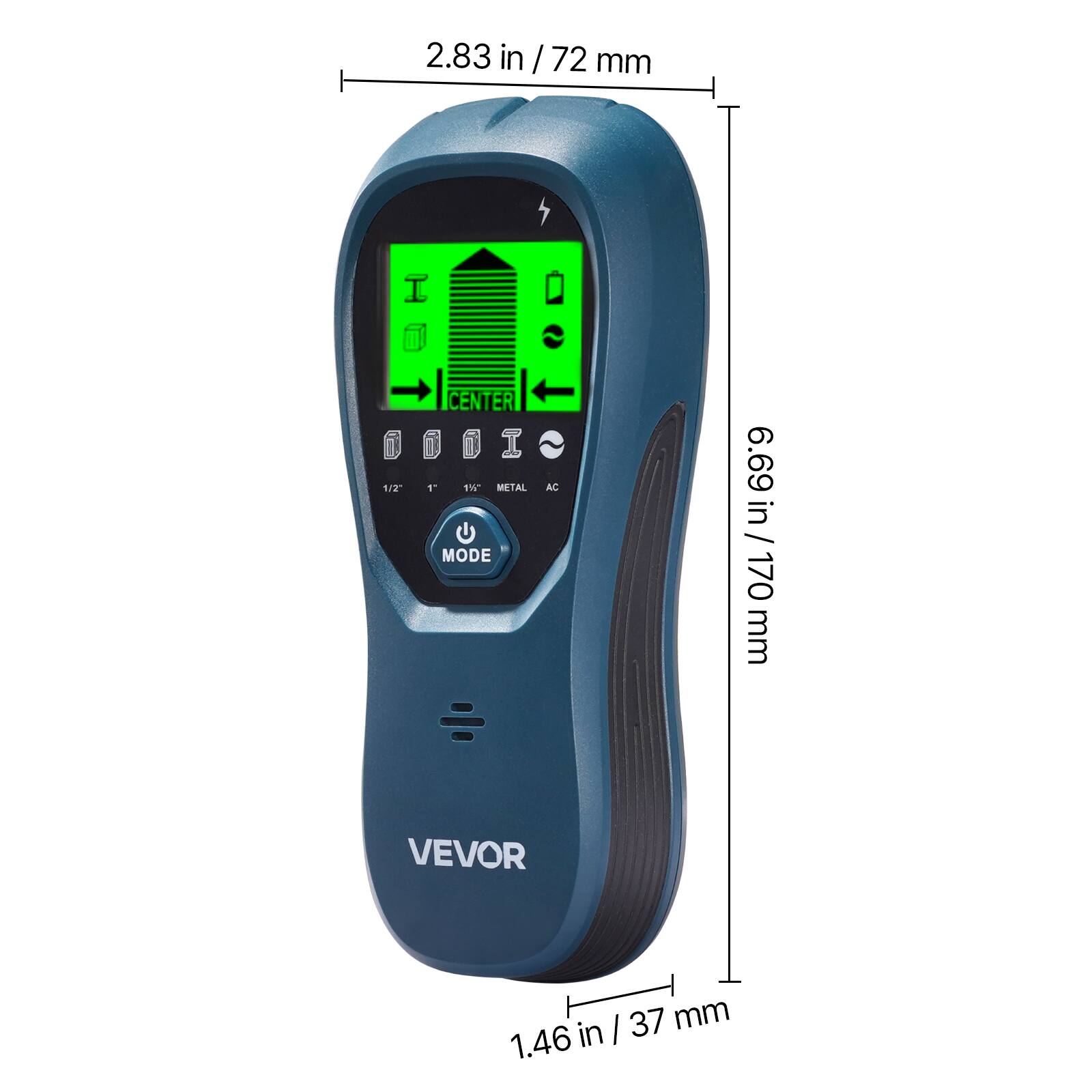 2.83 in / 72 mm  
1/2 CENTER  
1 95" METAL MODE AC  
6.69 in / 170 mm  
VEVOR  
1.46 in / 37 mm