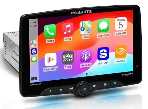 BOSS Systems Elite radio now playing Monday 5/28. Calendar, Messages, Maps, S Audible, SiriusXM, Podcasts, USB-C (<siriusxm)
