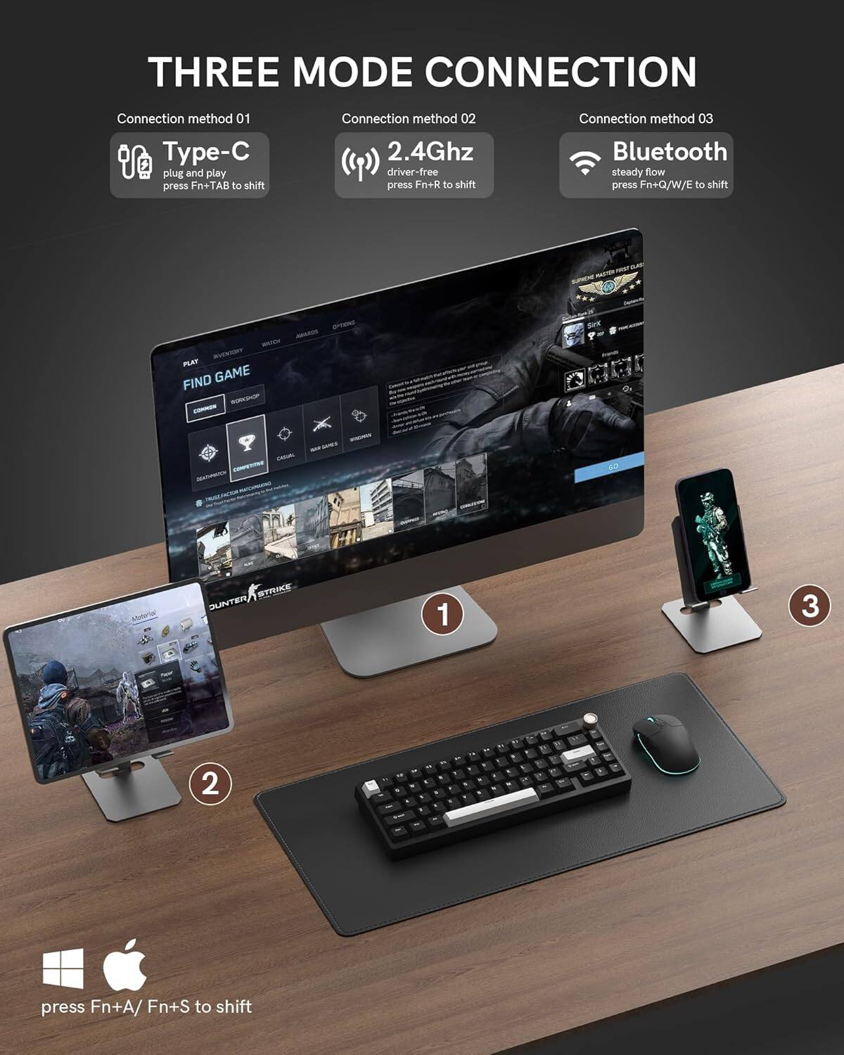 THREE MODE CONNECTION

Connection method 01  
Type-C  
plug and play  
press Fn+TAB to shift

Connection method 02  
2.4Ghz  
driver-free  
press Fn+R to shift

Connection method 03  
Bluetooth  
steady flow  
press Fn+Q/W/E to shift

press Fn+A/ Fn+S to shift