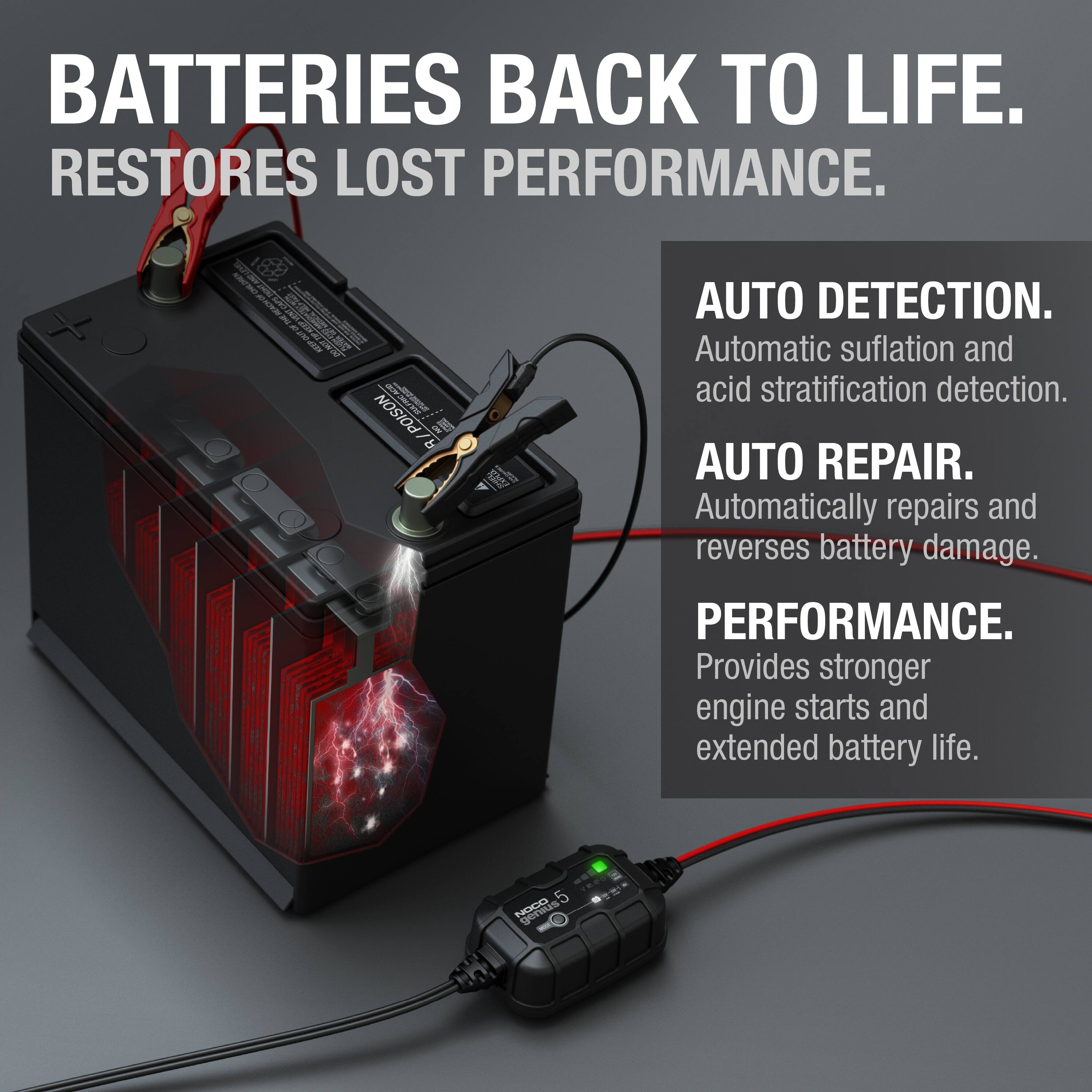 BATTERIES BACK TO LIFE.  
RESTORES LOST PERFORMANCE.

AUTO DETECTION.  
Automatic sulfation and acid stratification detection.

AUTO REPAIR.  
Automatically repairs and reverses battery damage.

PERFORMANCE.  
Provides stronger engine starts and extended battery life.