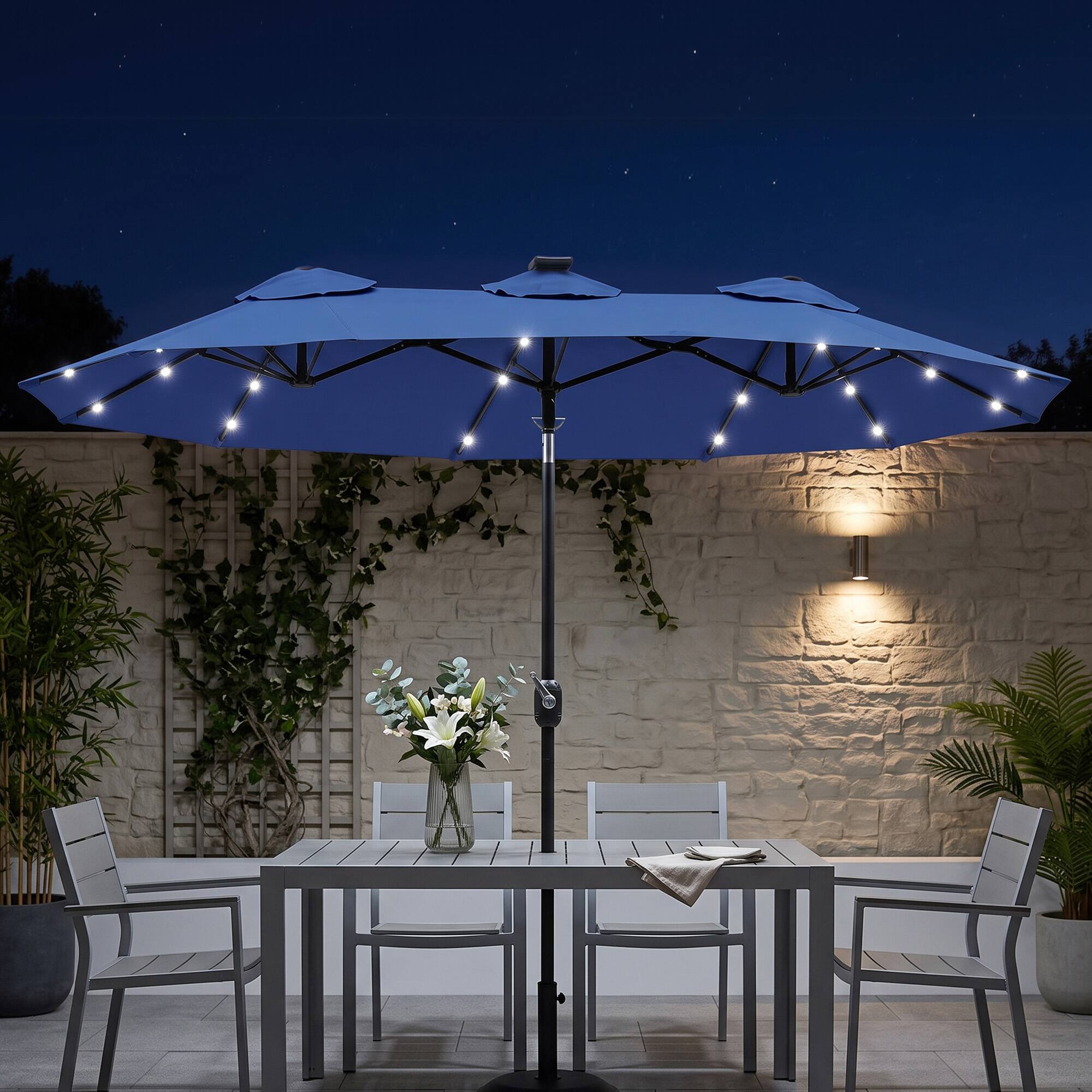 Alt View 1. Outsunny - Patio Umbrella, 9.7' Outdoor Umbrella with Tilt and Crank, LED Solar Light and 12 Ribs - Navy Blue.