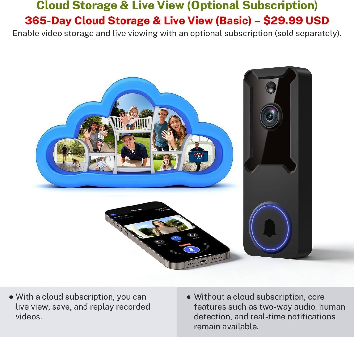 Cloud Storage & Live View (Optional Subscription)  
365-Day Cloud Storage & Live View (Basic) - $29.99 USD  
Enable video storage and live viewing with an optional subscription (sold separately).  

With a cloud subscription, you can live view, save, and replay recorded videos.  
Without a cloud subscription, core features such as two-way audio, human detection, and real-time notifications remain available.