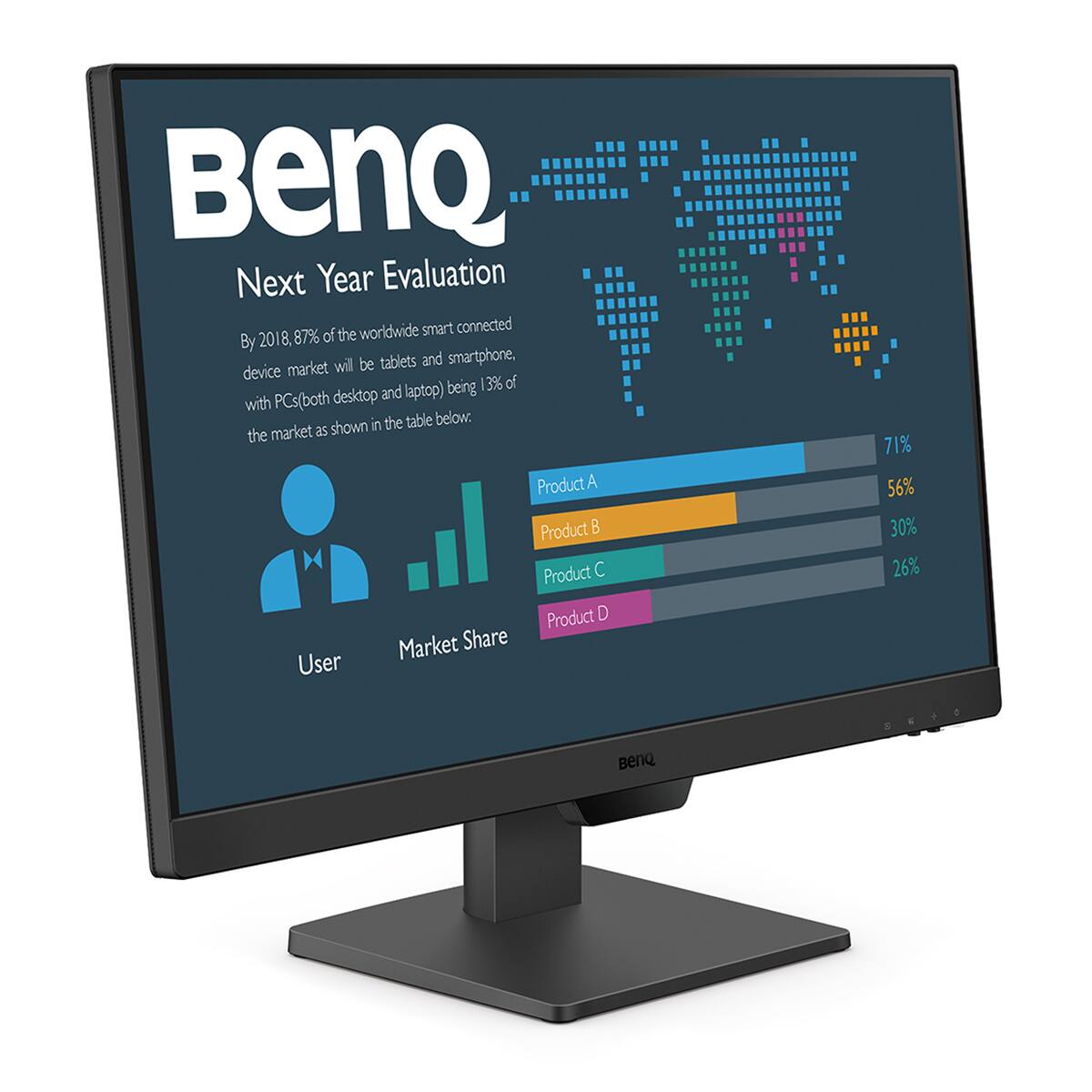 BenQ Next Year Evaluation

By 2018, 87% of the worldwide smart connected device market will be tablets and smartphones, with PCs (both desktop and laptop) being 13% of the market as shown in the table below.

| Product | Market Share | User |
|---------|-------------|------|
| Product A | 71% |  |
| Product B | 56% |  |
| Product C | 30% |  |
| Product D | 26% |  |