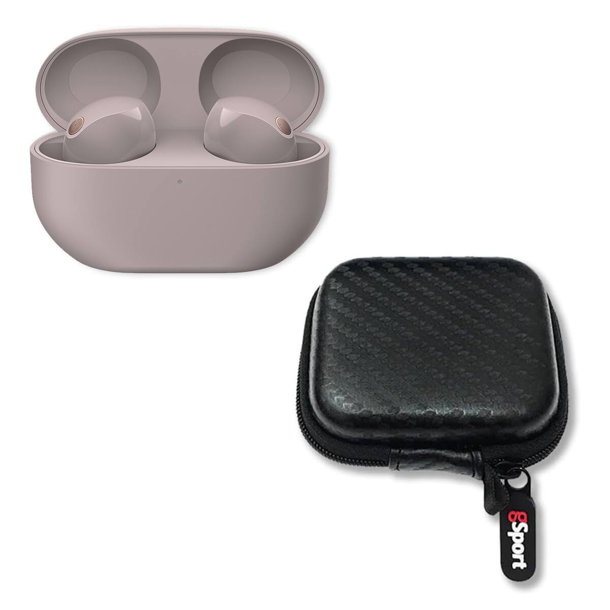 Front. Sony - Sony WF-1000XM5 Wireless Noise Cancelling In-Ear Headphone Bundle with gSport Hardshell Case - Pink.