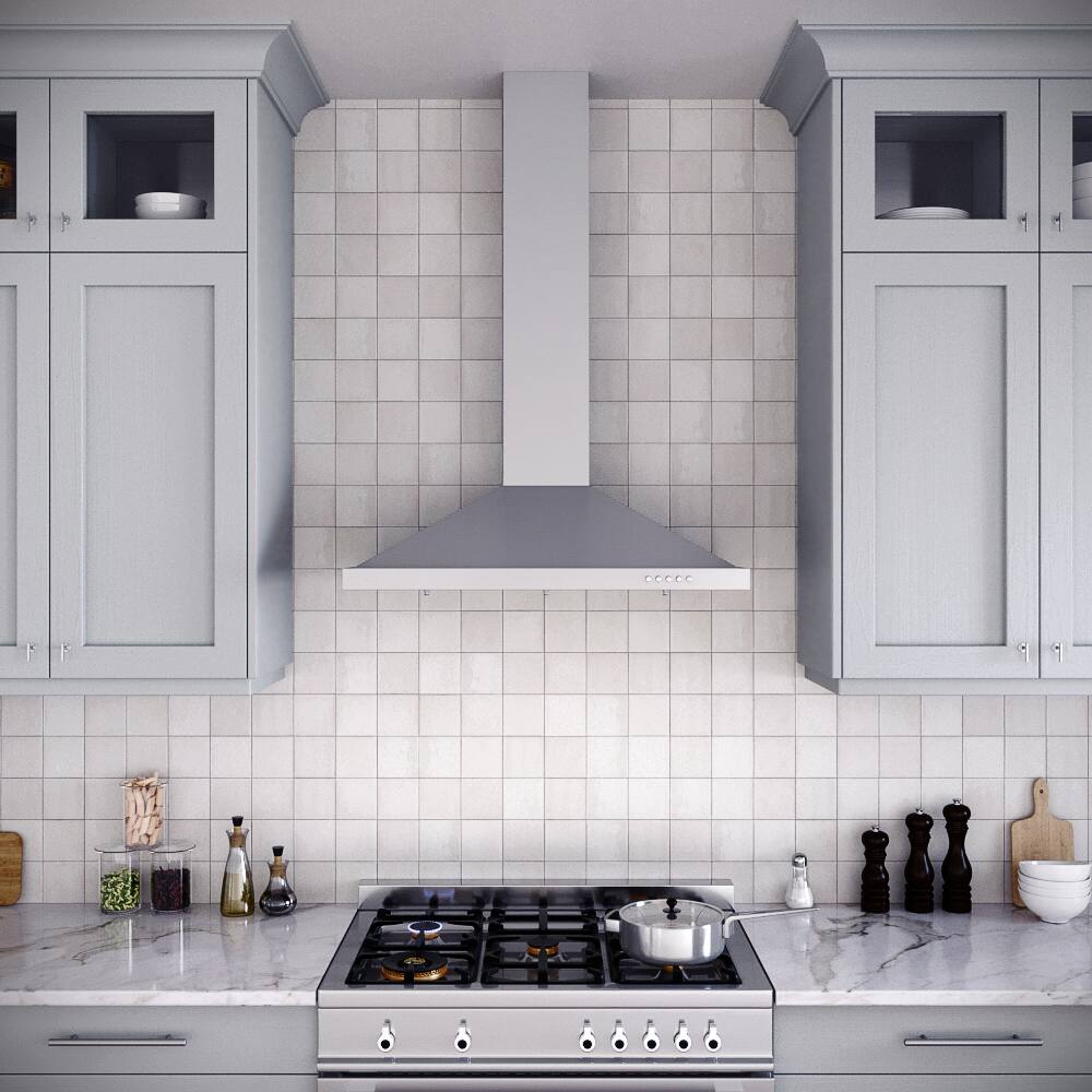 Left. Streamline - 36 in. Gaiola Ducted Wall Mount 220 CFM Range Hood, Baffle Filters, Push Button Control, LED Light - Brushed Stainless Steel.