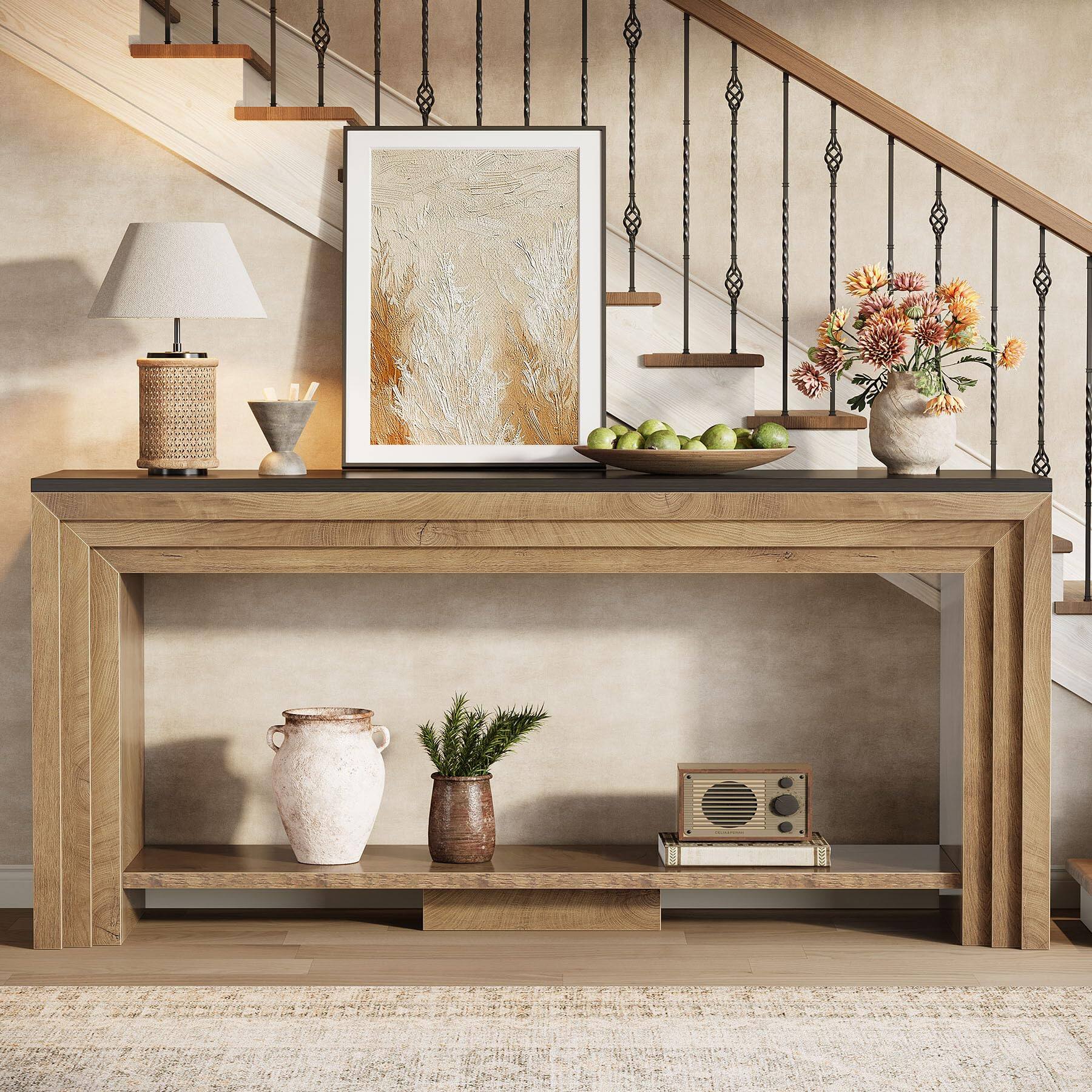 Left. Tribesigns - 70.9 Inch Narrow Console Table, Farmhouse 2-Tier Wooden Sofa Table with Storage, Space-Saving Behind Couch Accent Table - Natural & Black.
