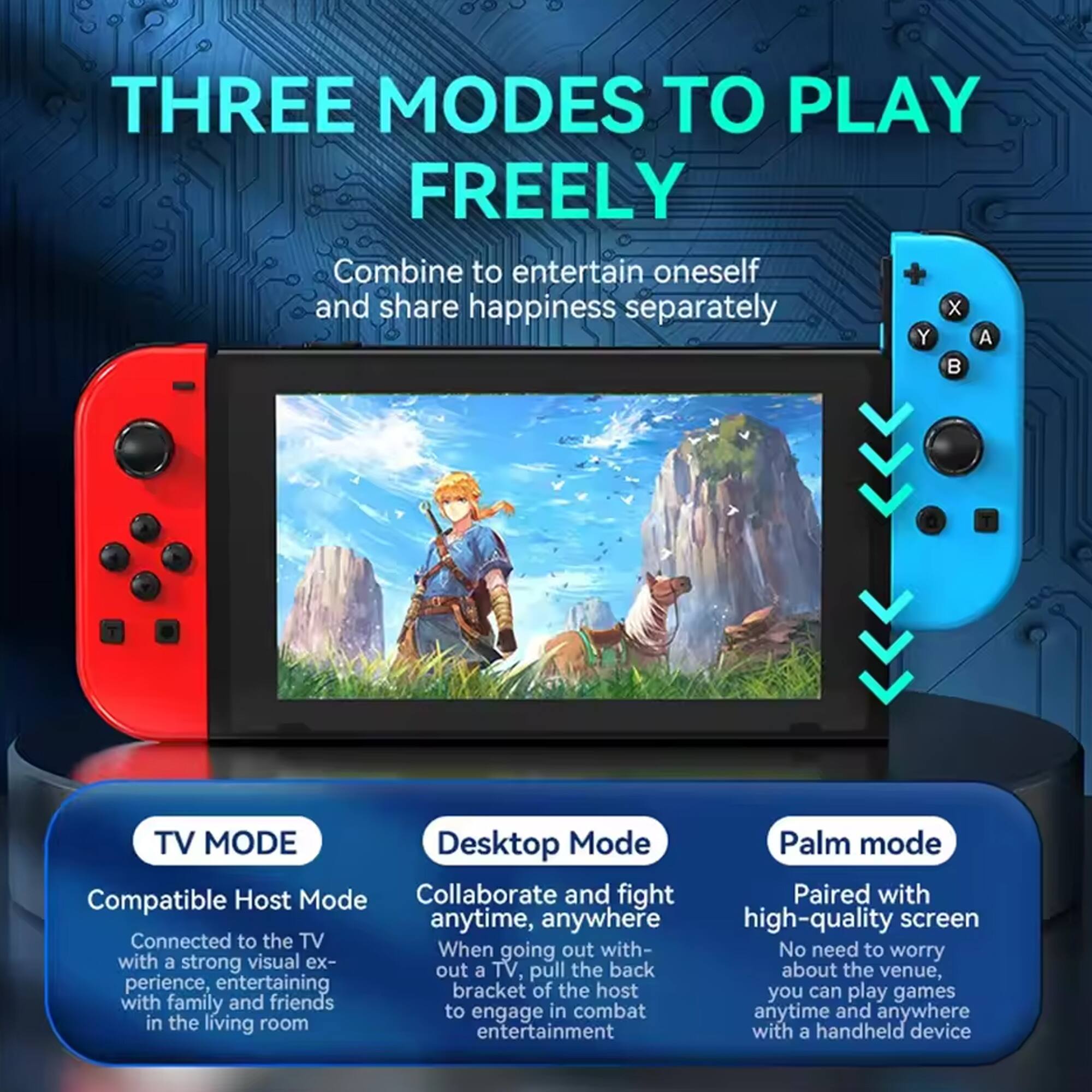 THREE MODES TO PLAY FREELY

Combine to entertain oneself and share happiness separately

TV MODE
Compatible Host Mode
Connected to the TV with a strong visual experience, entertaining with family and friends in the living room

Desktop Mode
Collaborate and fight anytime, anywhere
When going out with a TV, pull out the back bracket of the host to engage in combat

Palm mode
Paired with high-quality screen
No need to worry about the venue, you can play games anytime and anywhere with a handheld device
