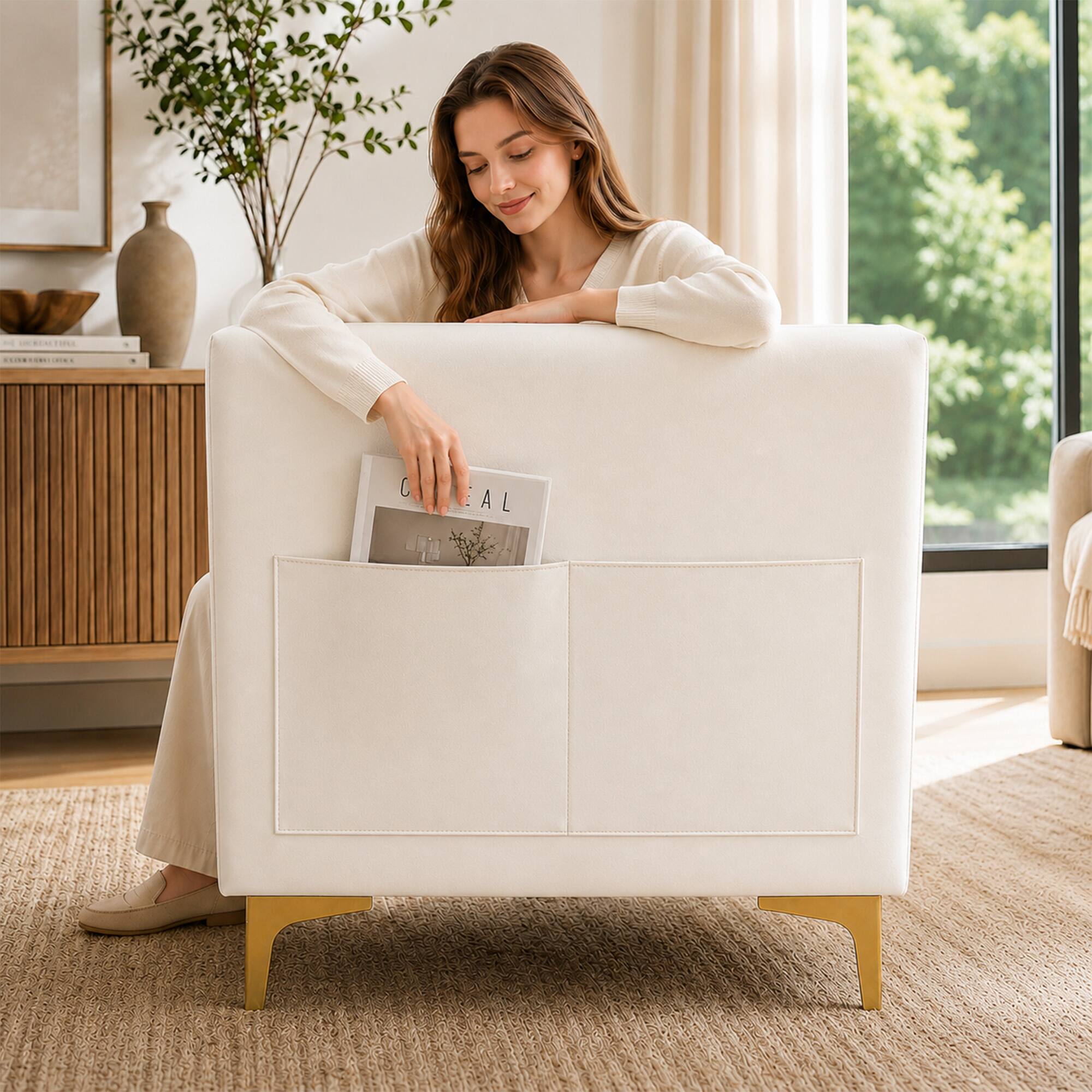 Alt View 7. Meqiodas - 78.5" Faux Leather Sofa Couch for Living Room, Luxury Button Tufted 3 Seater Sofa with Gold Metal Legs and Pillows - White.