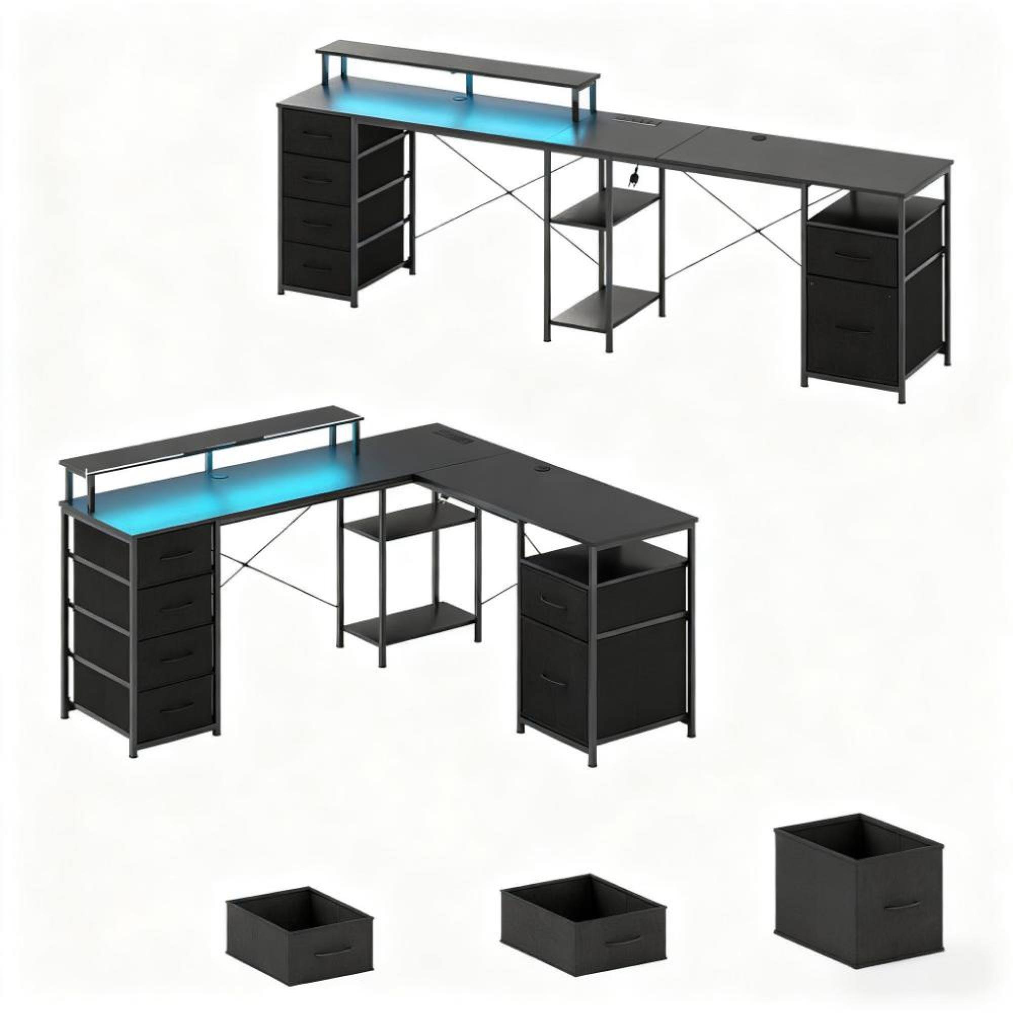 Angle. GOODSILO - Modular L-Shaped Corner Desk with Integrated Charging Station and Ergonomic Monitor Stand for Home Office - Distressed Black.