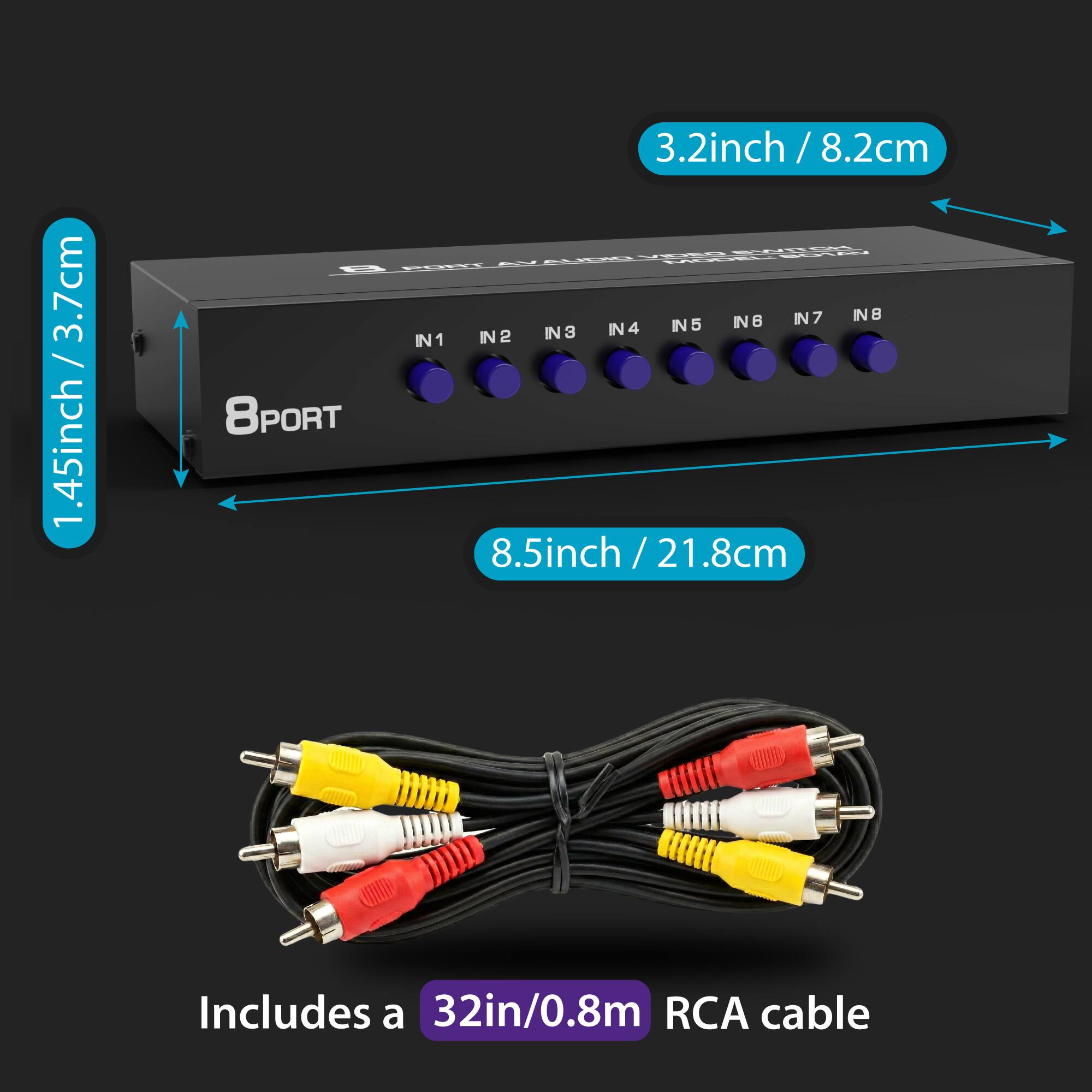 / /3.7cm 1.45inch 3.2inch / 8.2cm - n ACLALE NB N7 N8 IN3 IN4 IN5 IN1 N2 8PORT 8.5inch / 21.8cm Includes a 32in/0.8m RCA cable