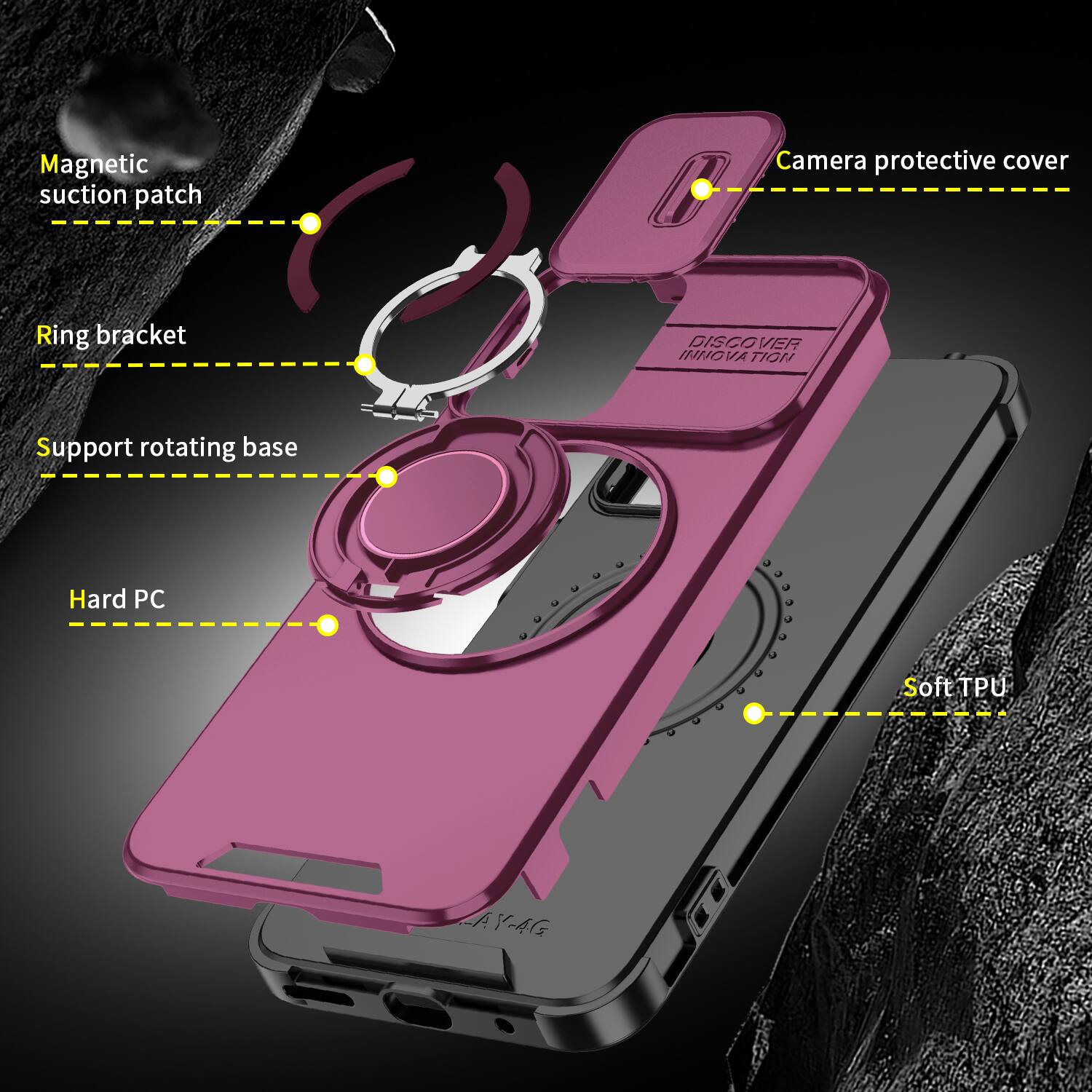 Magnetic suction patch  
Camera protective cover  
Ring bracket  
DISCOVER INNOVATION  
Support rotating base  
Hard PC  
Soft TPU  
LAY-AG