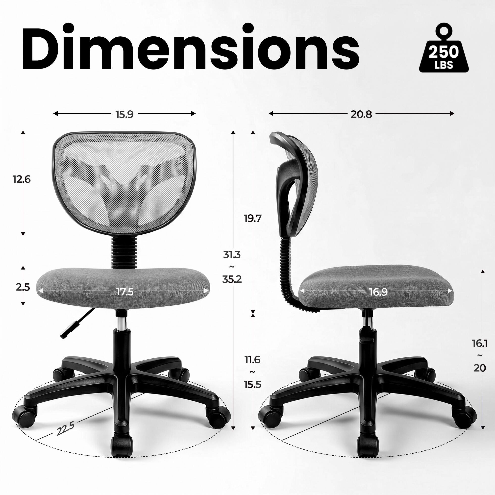 Dimensions  
250 LBS

15.9  
20.8  
12.6  
19.7  
31.3  
~  
2.5  
17.5  
35.2  
16.9  
16.1  
11.6  
~  
~ 20  
15.5  
22.5
