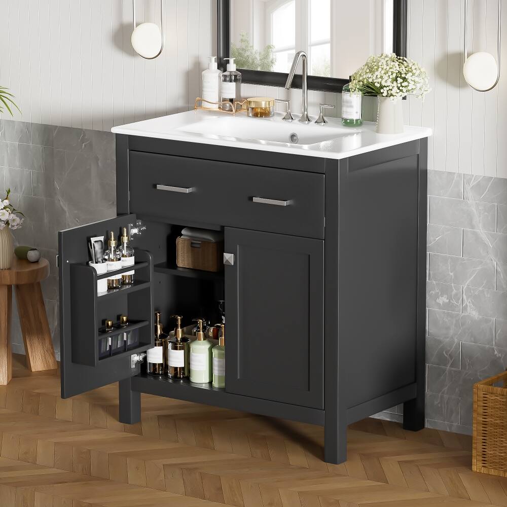Angle. Loheer - Loheer 30 Inch Black Bathroom Vanity with Ceramic Sink, Freestanding Single Sink Vanity with 2 Doors and Flip-Out Drawer - Black.