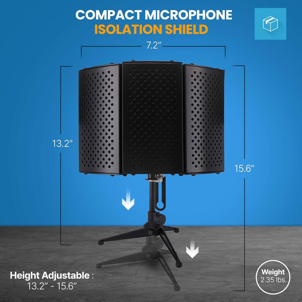 COMPACT MICROPHONE ISOLATION SHIELD  
7.2" x 13.2" x 15.6"  
Height Adjustable: 13.2" - 15.6"  
Weight: 2.35 lbs.