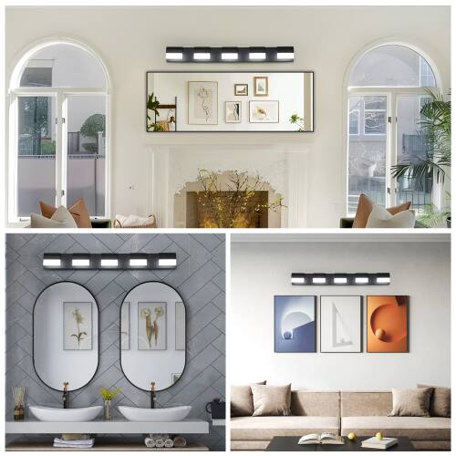 Left. LUCKY ONE - 5-Light Black LED Vanity Light, Wall Mount Bathroom Fixture Over Mirror with Acrylic Shades - Black.