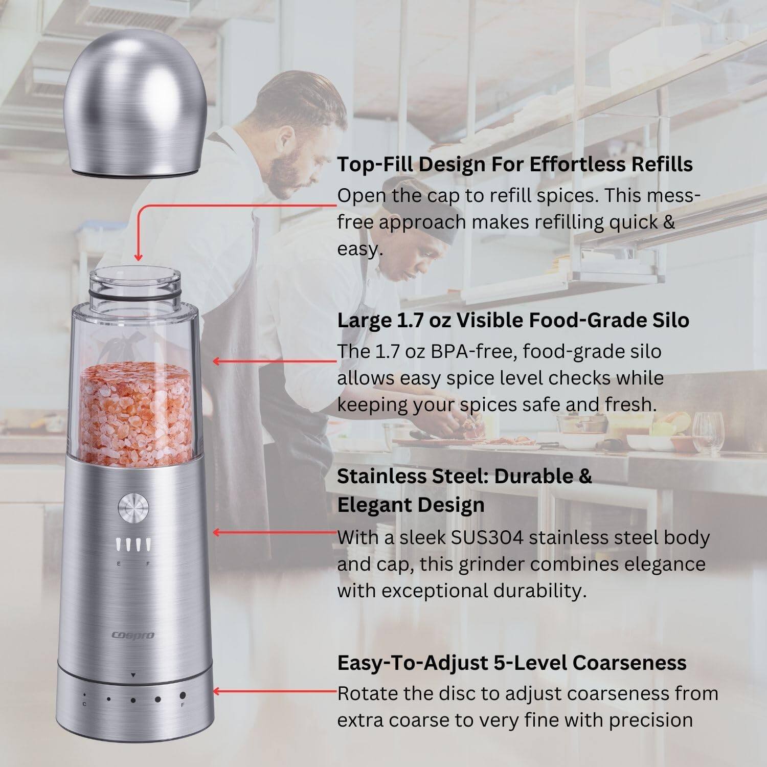 Top-Fill Design For Effortless Refills  
Open the cap to refill spices. This mess-free approach makes refilling quick & easy.

Large 1.7 oz Visible Food-Grade Silo  
The 1.7 oz BPA-free, food-grade silo allows easy spice level checks while keeping your spices safe and fresh.

Stainless Steel: Durable & Elegant Design  
With a sleek SUS304 stainless steel body and cap, this grinder combines elegance with exceptional durability.

Easy-To-Adjust 5-Level Coarseness  
Rotate the disc to adjust coarseness from extra coarse to very fine with precision.