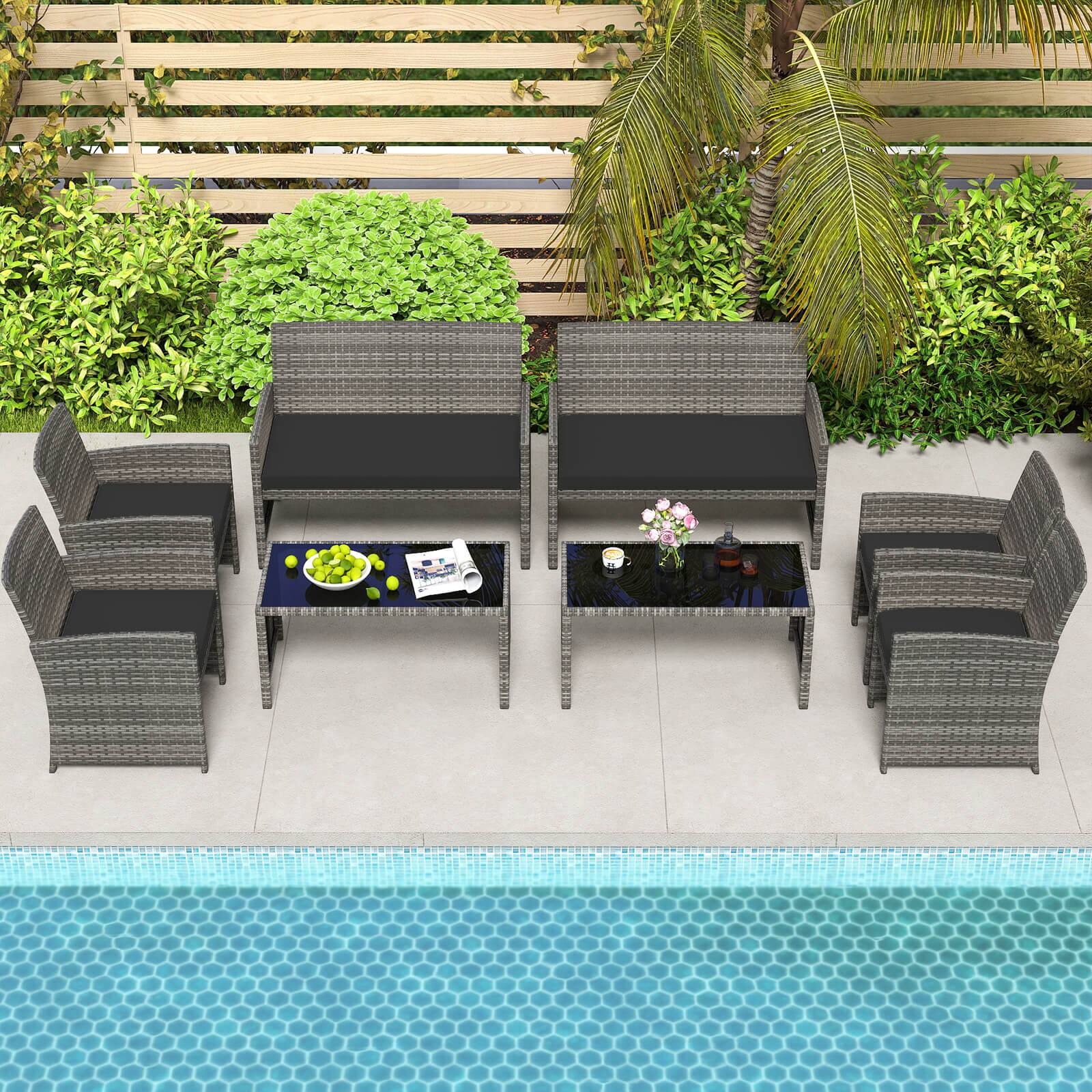 Alt View 1. Costway - Costway 8 PCS Patio Conversation Set with Seat Cushions & Tempered Glass Tabletop, Outdoor - Black,Gray.