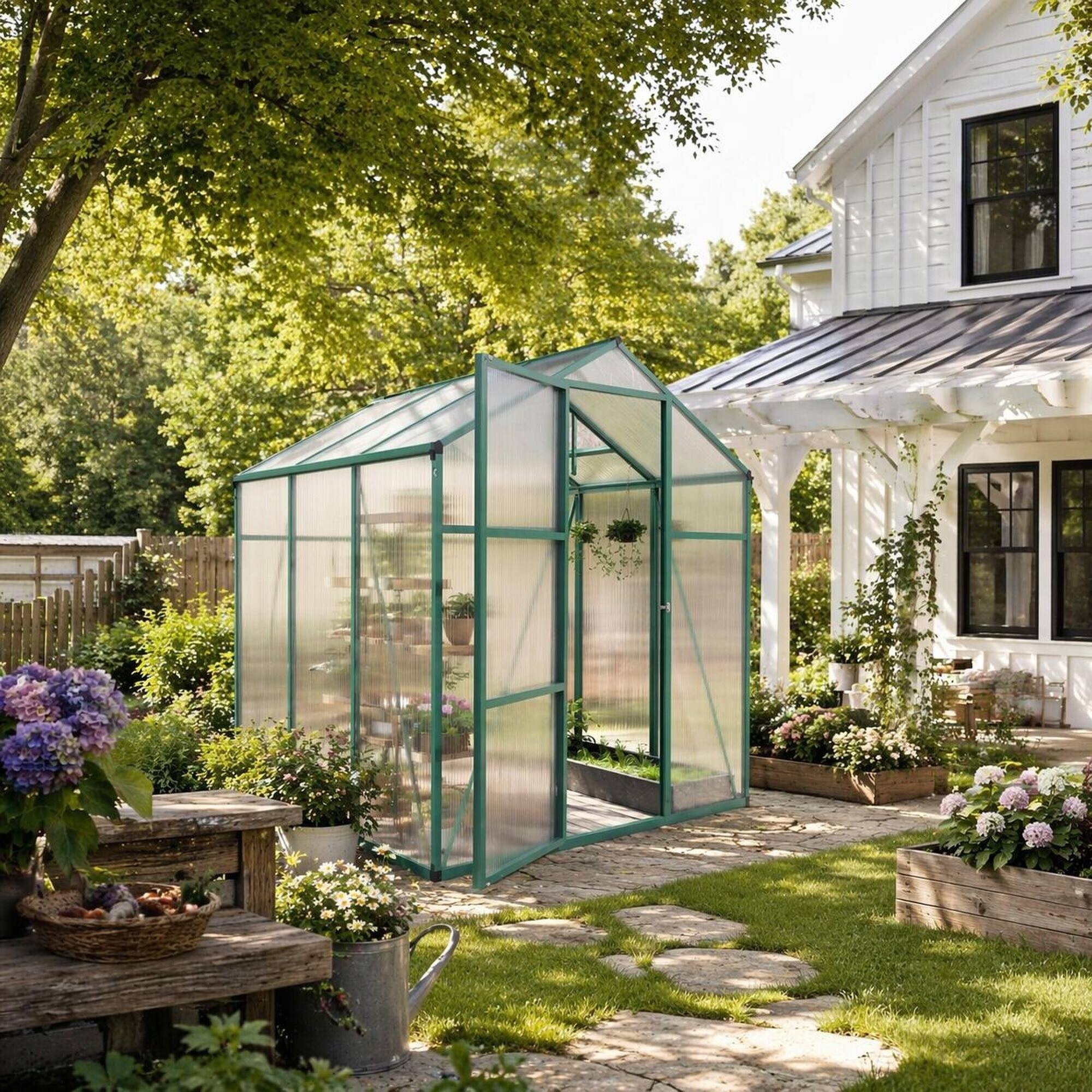 Left. RYHNUYNE - 6x6 ft Walk-in Greenhouse, Aluminum Frame, 4mm Polycarbonate Panels, Raised Base, Outdoor Backyard.