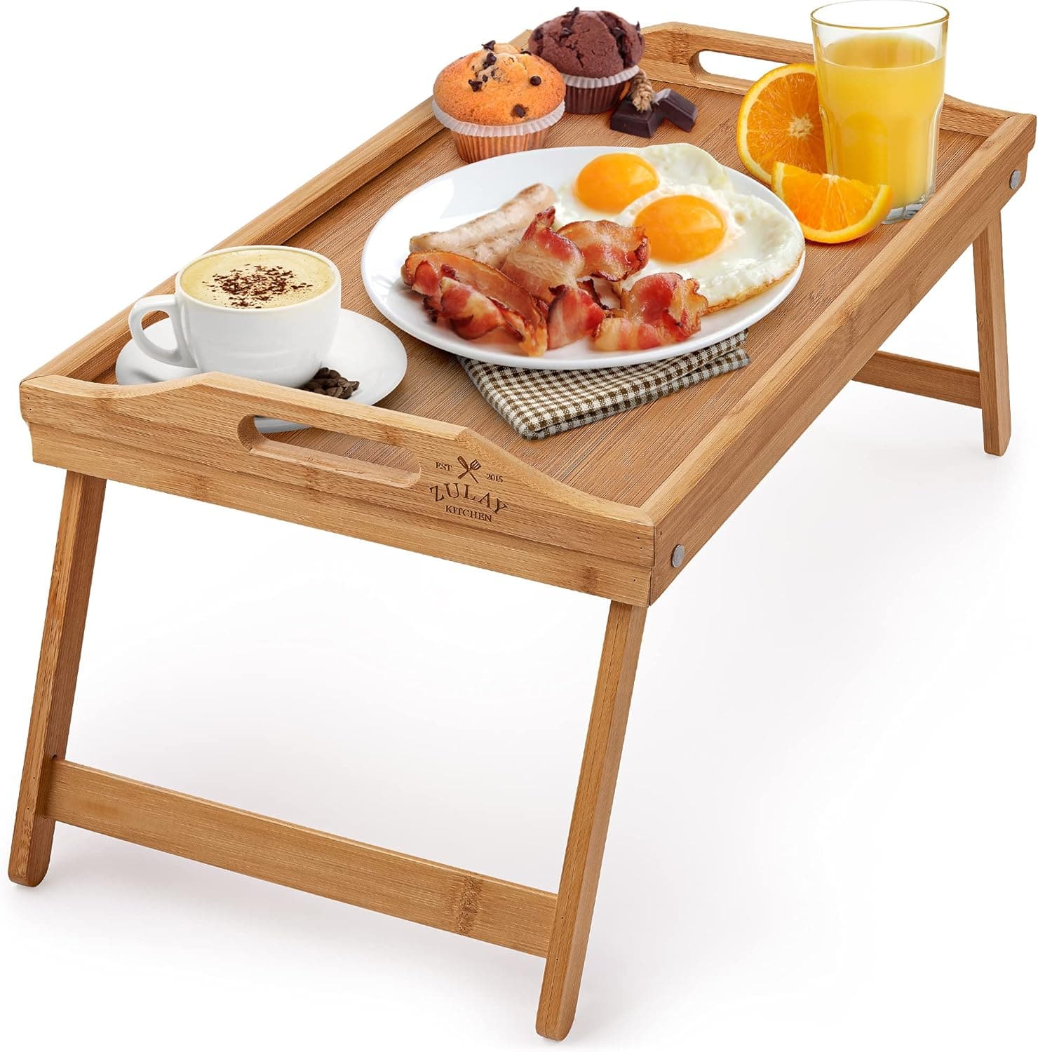 Zulay Kitchen - Bamboo Folding Breakfast Tray - Bed & Snack Tray with Legs, Laptop Desk - Brown