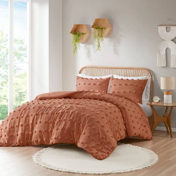 Angle. Hivvago - Twin/Twin XL 2-Piece Rust Orange Pompom Microfiber Comforter Set - Orange.