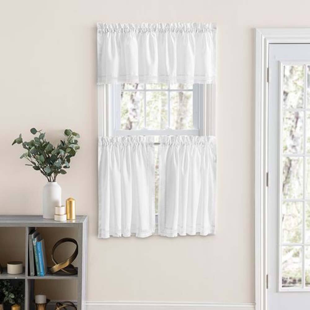Angle. Ellis Curtain - Ellis Intricate Brush Fringe Sewn on Inside Edge and Bottom 1.5" Rod Pocket Tailored Tier 80"x36" White - White.