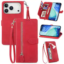 Dteck - for Apple iPhone 17 Pro Max Wallet Case,Folio Shockproof PU Leather Card Holder Cover with Zipper Pocket & Wrist Strap - Red