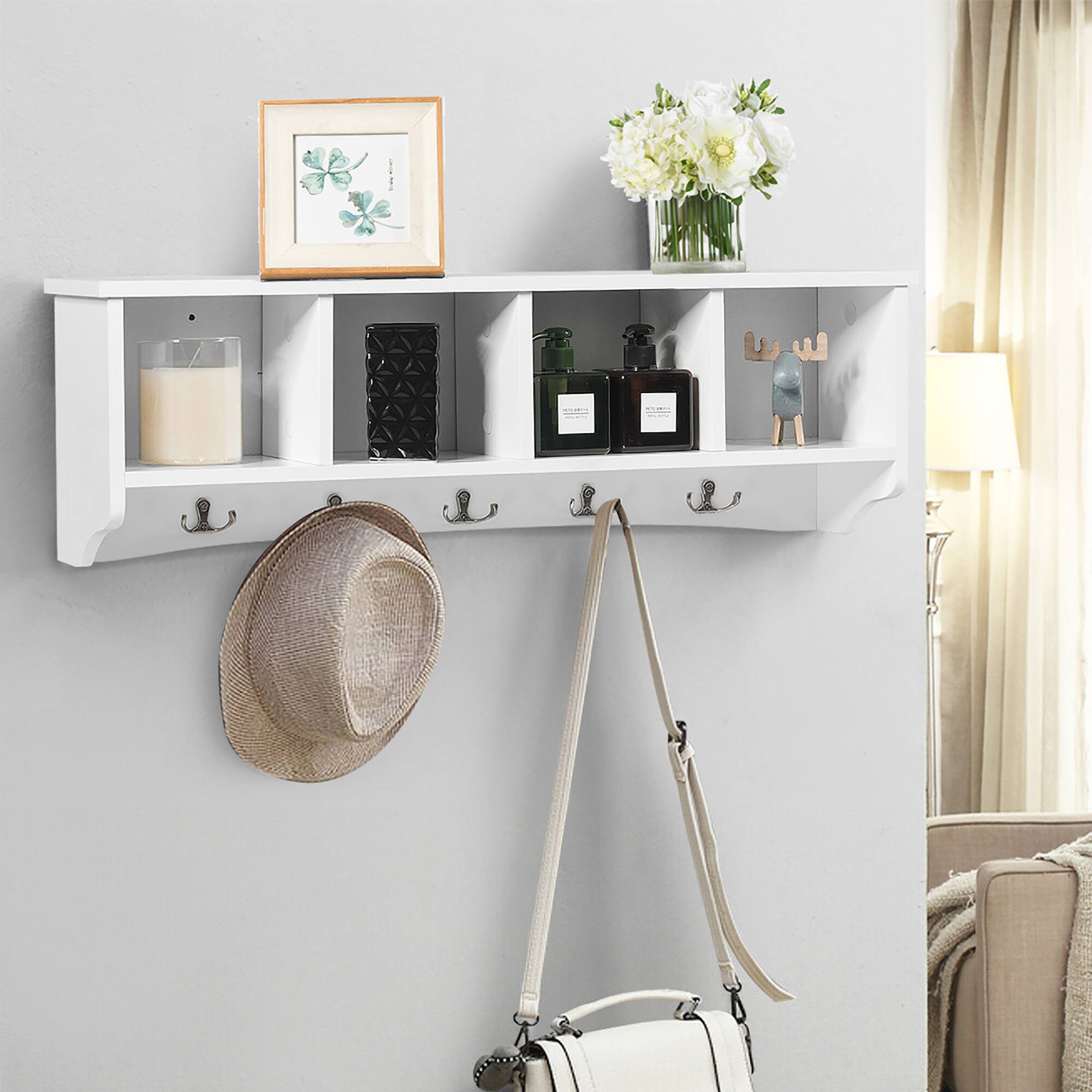Alt View 3. Costway - Costway Hanging Entryway Shelf Coat Rack Wall Mounted Storage Cabinets W/5 Dual Hooks - White.