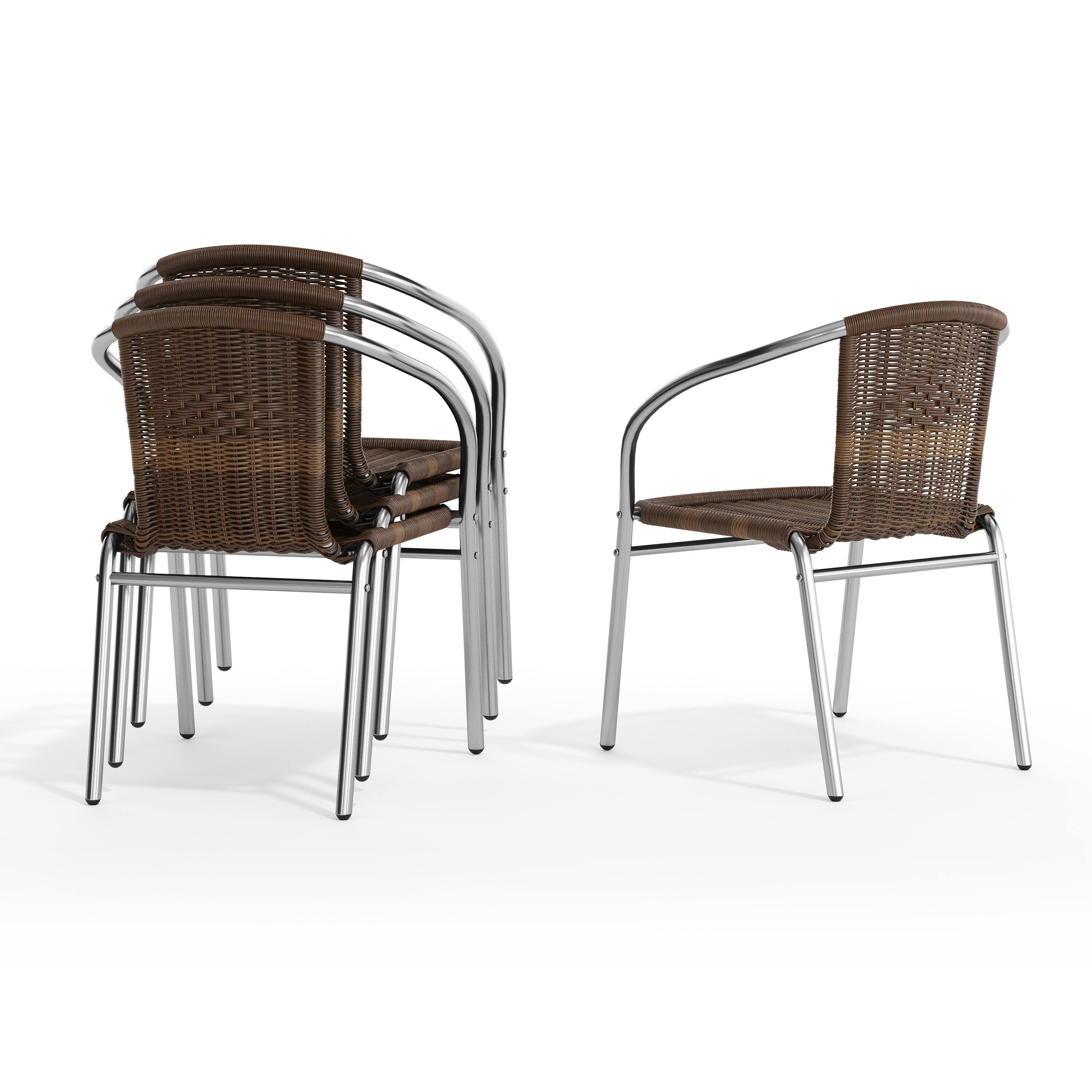 Alt View 8. Emma + Oliver - 4 Pack Aluminum and Rattan Commercial Indoor-Outdoor Restaurant Stack Chair - Aluminum and Dark Brown.