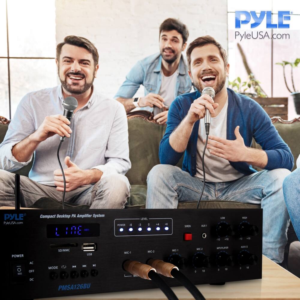 PYLE  
PyleUSA.com  

Compact Desktop PA Amplifier System  

PYLE  
PyleUSA.com  

PMSA126BU  

POWER  
AC OFF DC  

SD/MMC USB  

MODE  
C  
M  
H  
M  

POWER  
-5 -3 0  

LEVEL  
-10 +10  

SIREN  

AUX 1  

LOW  
-10 +10  

HIGH  
-10 +10  

MIC-1  
0 10  

MIC-2  
0 10  

MP3 PLAYER  
0 10  

AUX 1/2  
0 10  

LINE IN  

MIC-1  
MIC-2