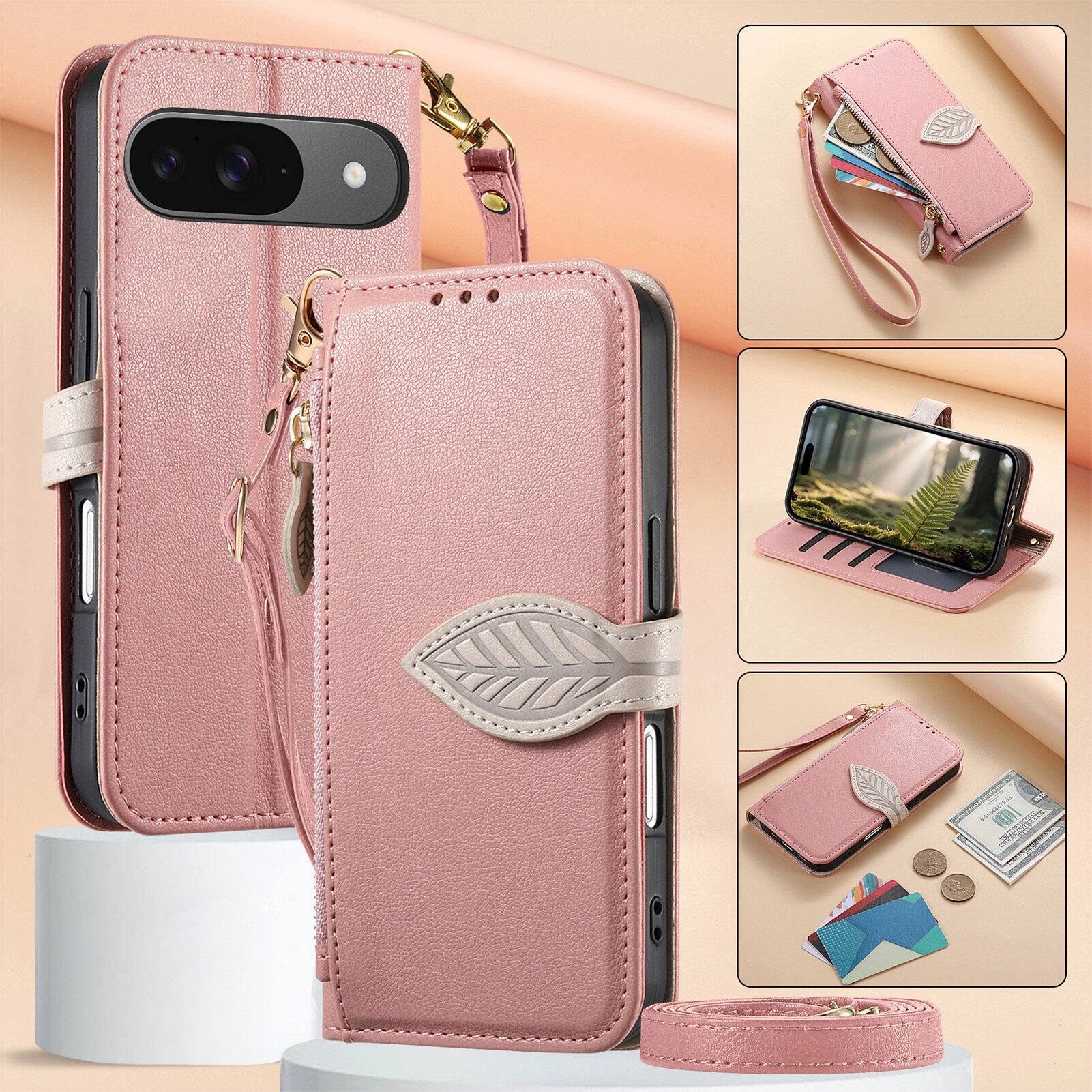 Alt View 5. Dteck - for Google Pixel 10 /10 Pro Wallet Case,PU Leather Flip Zipper Card Slot Leaf-Buckle Shockproof Cover with Wrist Strap - Rosegold.