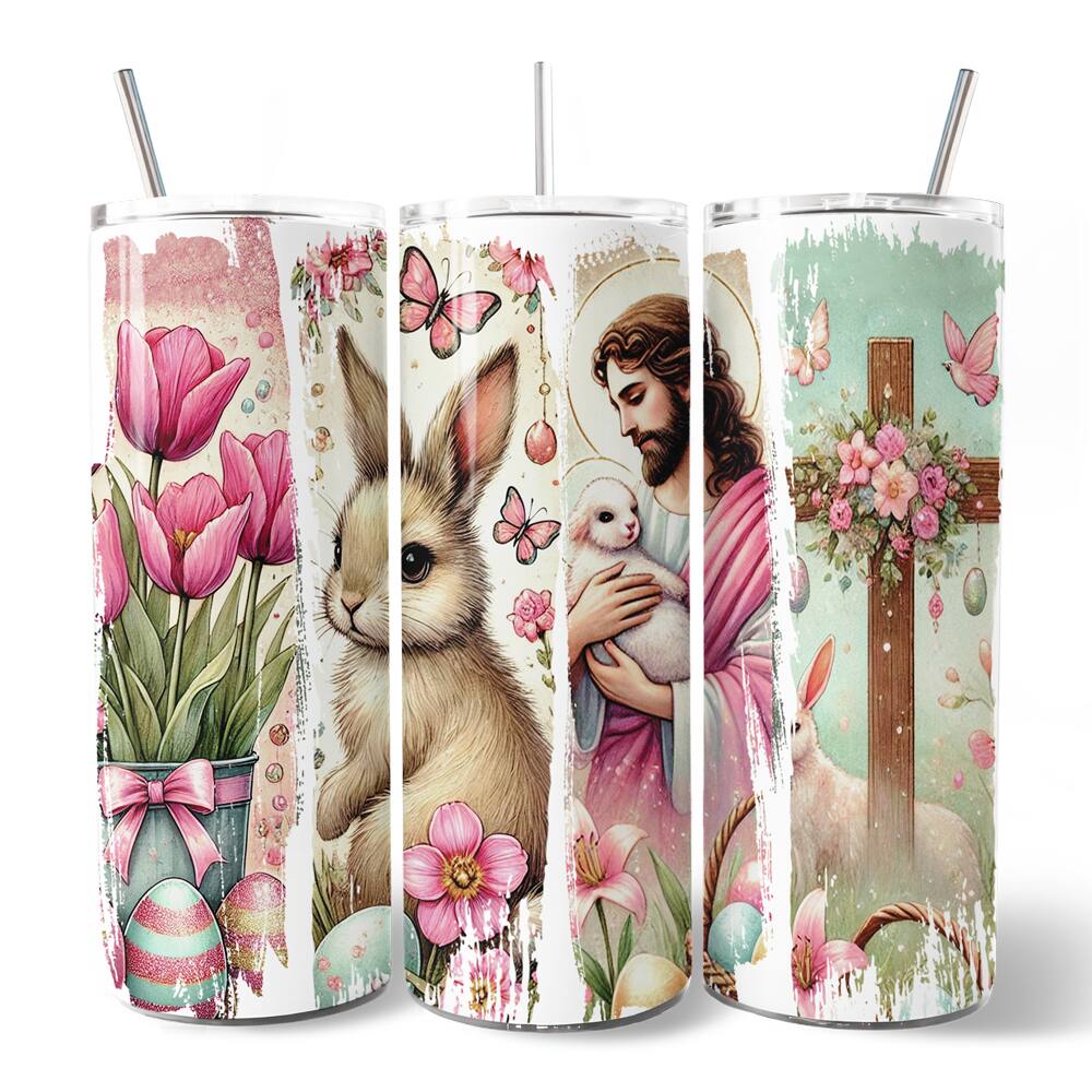 Front. OrnamentallyYou - Pink Jesus and Bunny 20oz Tumbler With Stainless Steel Straw, Easter Brushstrokes Spring Gift Cup - Multicolored.