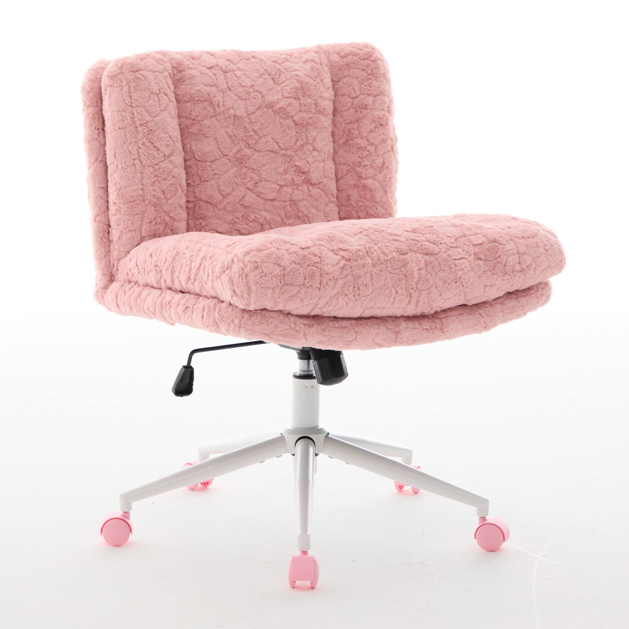 Back. GOODSILO - Extra Wide Plush Faux Fur Office Chair with Adjustable Height and 360-Degree Swivel for Home Workspace - Pink.