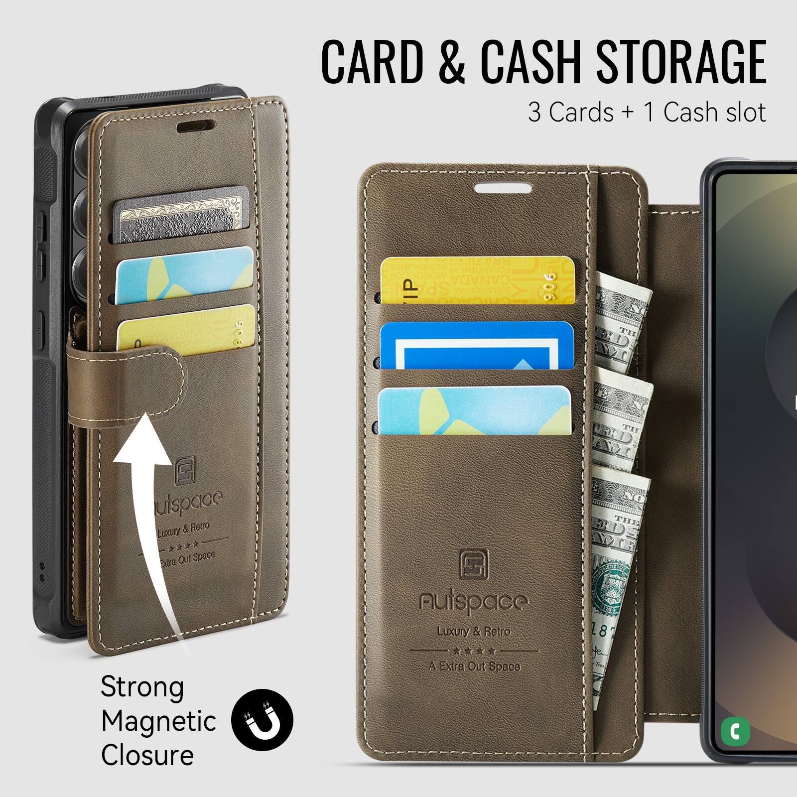 CARD & CASH STORAGE  
3 Cards + 1 Cash slot  

POLAND MORO CANADA IP SP NHEN | TH  

utspace Luxury & Retro  
A Extra Out Space  

Strong Magnetic Closure