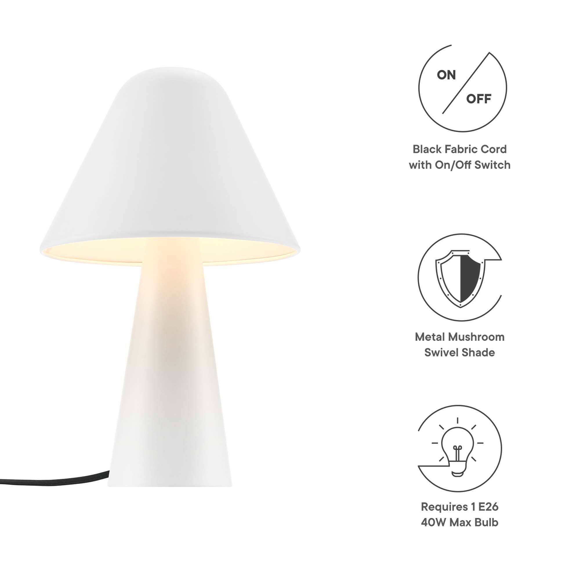 - Black Fabric Cord with On/Off Switch
- Metal Mushroom Swivel Shade
- Requires 1 E26 40W Max Bulb