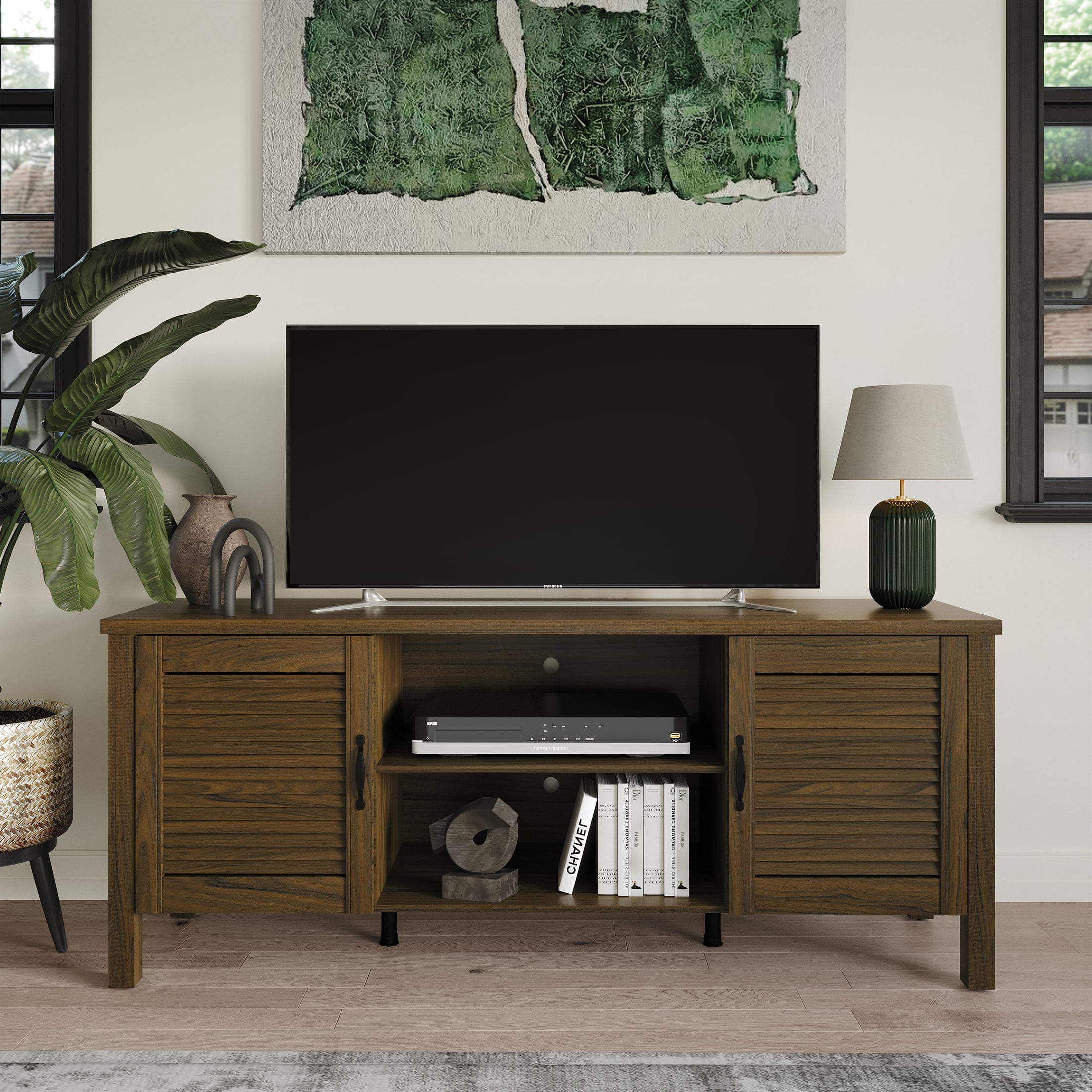 ChaletPosh - Elegant Transitional TV Stand with Concealed Storage Doors - Brown