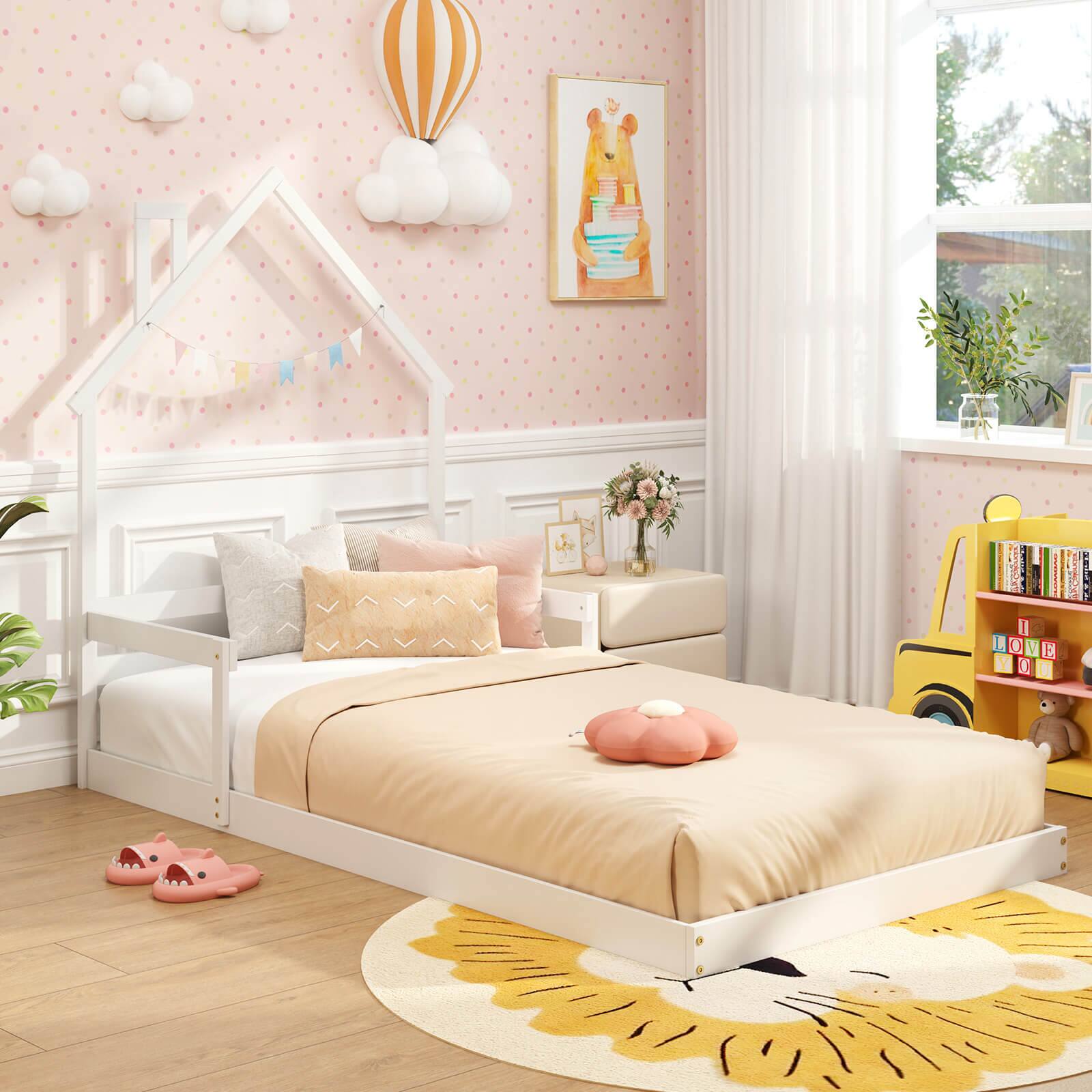 Angle. Costway - Costway Twin Size Floor Bed for Kids with Chimney Headboard & Handrail White - White.