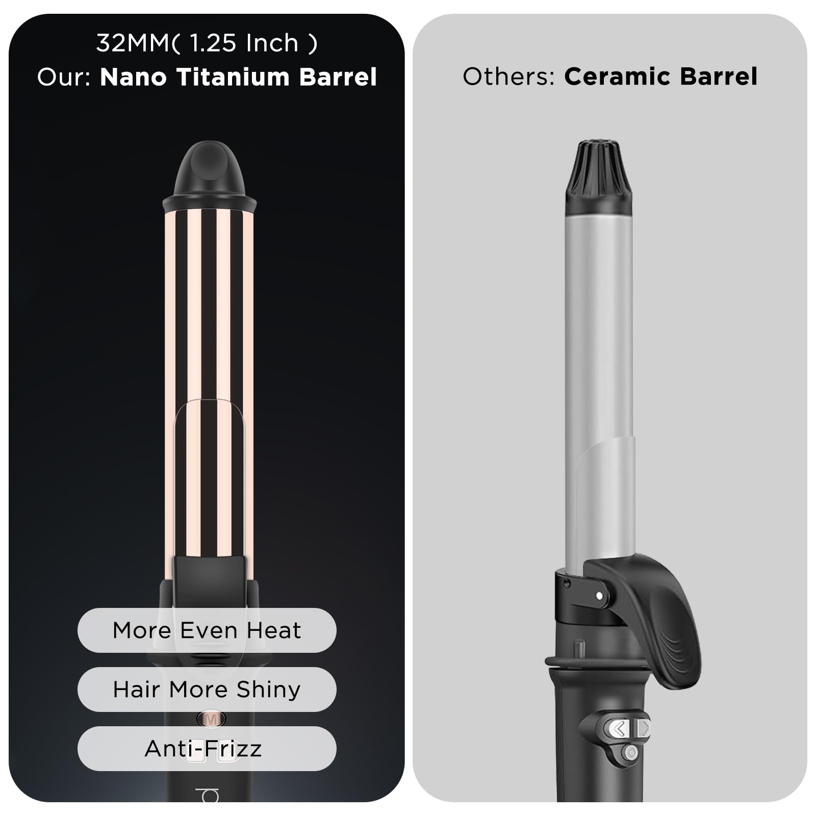 32MM (1.25 Inch)  
Our: Nano Titanium Barrel  
Others: Ceramic Barrel  

More Even Heat  
Hair More Shiny  
Anti-Frizz