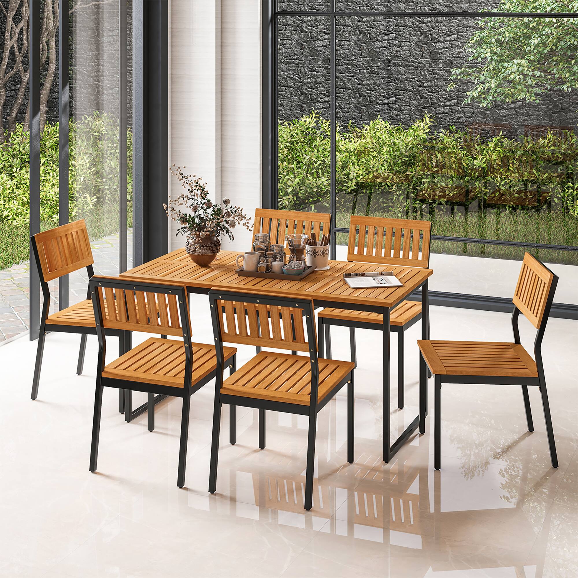 Alt View 3. Gymax - Gymax 7 PCS Outdoor Dining Set for 6 Acacia Wood Rectangular Table & 6 Armless Chairs - Natural, Black.