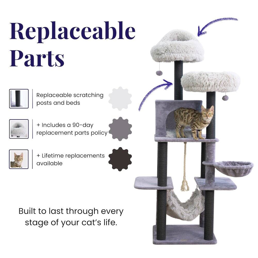 Replaceable Parts  
- Replaceable scratching posts and beds  
- Includes a 90-day replacement parts policy  
- Lifetime replacements available  
Built to last through every stage of your cat's life.