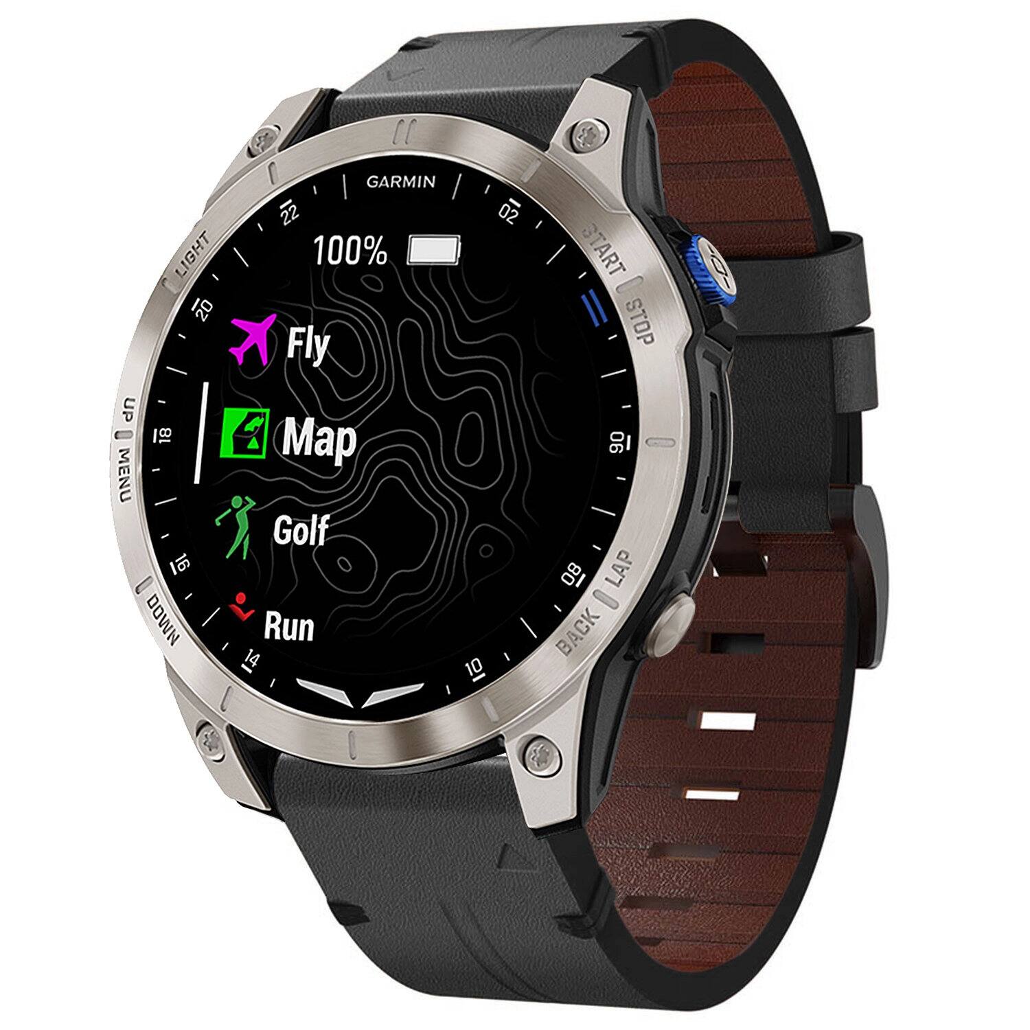 GARMIN  
22 02 LIGHT 100%  
Fly  
Map  
Golf  
Run  
16 A  
MENU  
START STOP  
LAP  
BACK