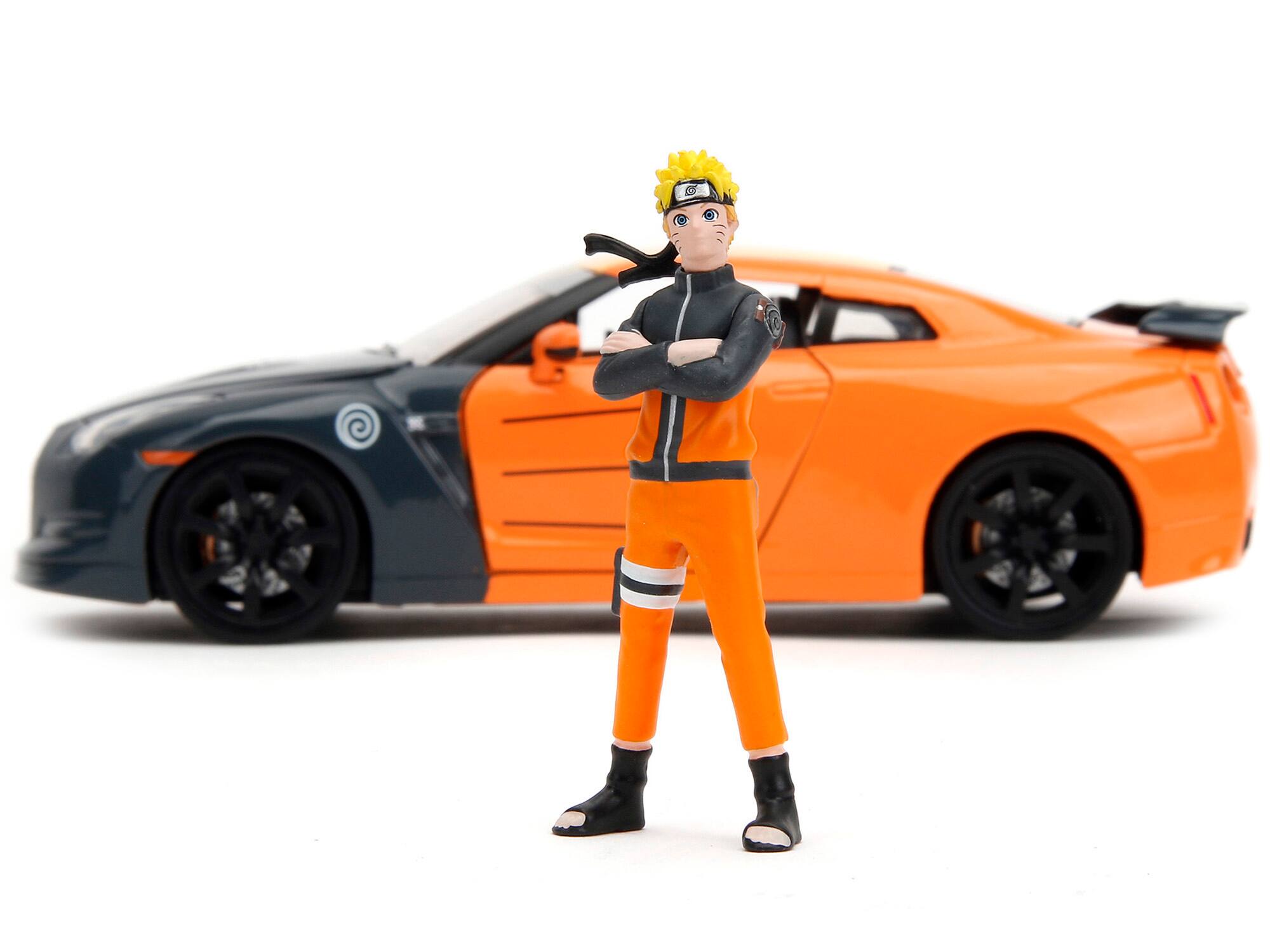 Alt View 1. Jada - 2009 Nissan GT-R R35 Orange Dark Gray Yellow Top Graphics with Naruto Figure Naruto Shippuden Anime 1:24 Diecast - Orange, Dark Gray, Yellow.