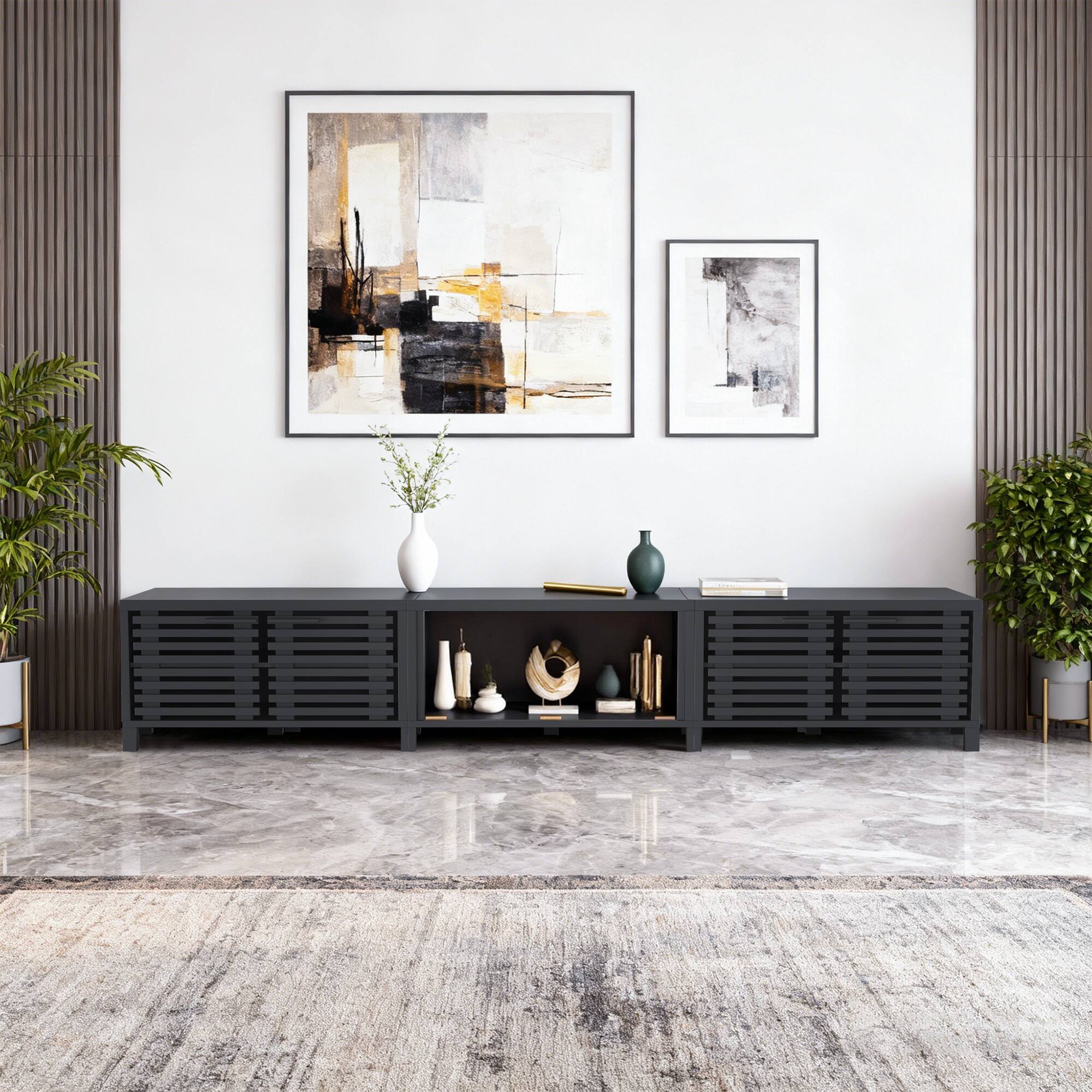 Angle. Ihomeadore - 115" Farmhouse 3 Module TV Stand Entertainment Center for TVs up to 100'' - Black.